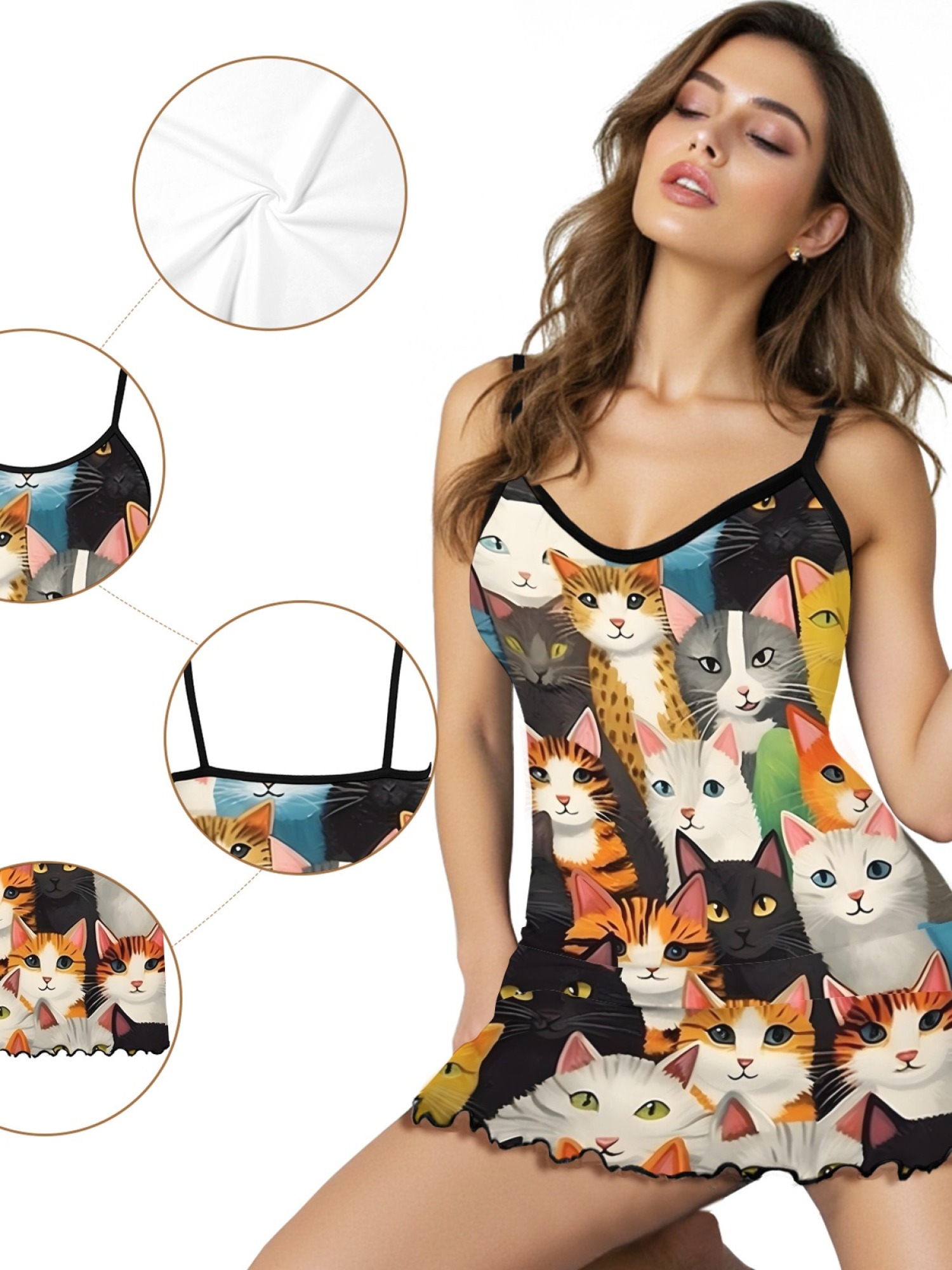 Cute Cat Print Women's Summer Pajamas, Lightweight Knit Robe for Leisure, Backless Ribbed Cami Dress, Comfortable and Breathable Nightwear, Perfect Gift for Sweethearts