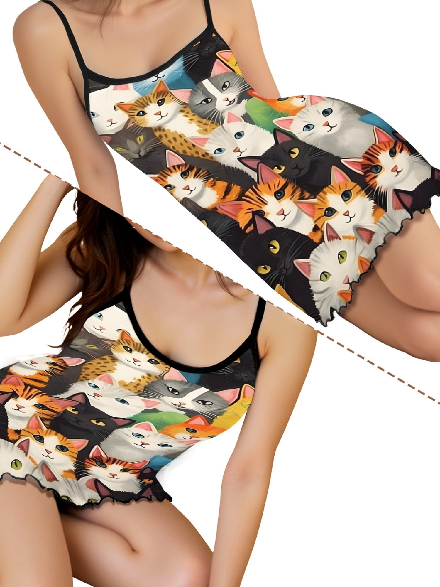 Cute Cat Print Women's Summer Pajamas, Lightweight Knit Robe for Leisure, Backless Ribbed Cami Dress, Comfortable and Breathable Nightwear, Perfect Gift for Sweethearts