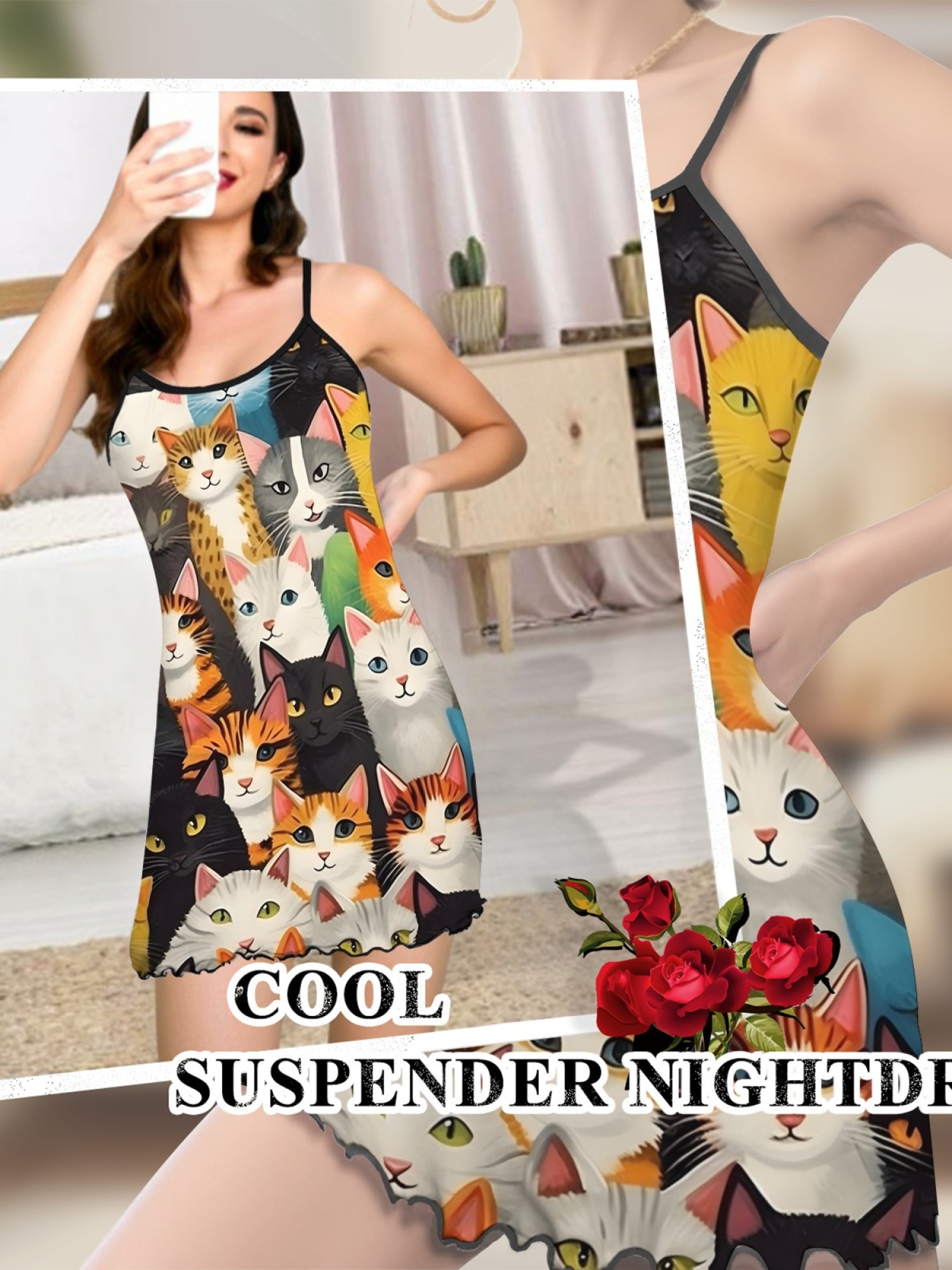 Cute Cat Print Women's Summer Pajamas, Lightweight Knit Robe for Leisure, Backless Ribbed Cami Dress, Comfortable and Breathable Nightwear, Perfect Gift for Sweethearts