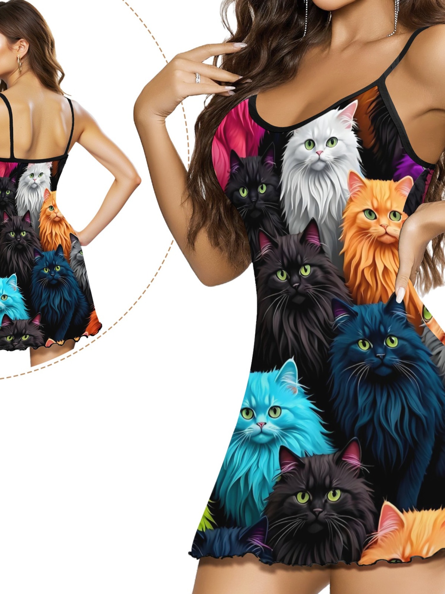 Cute Cat Print Women's Summer Pajamas, Lightweight Knit Robe for Leisure, Backless Ribbed Cami Dress, Comfortable and Breathable Nightwear, Perfect Gift for Sweethearts