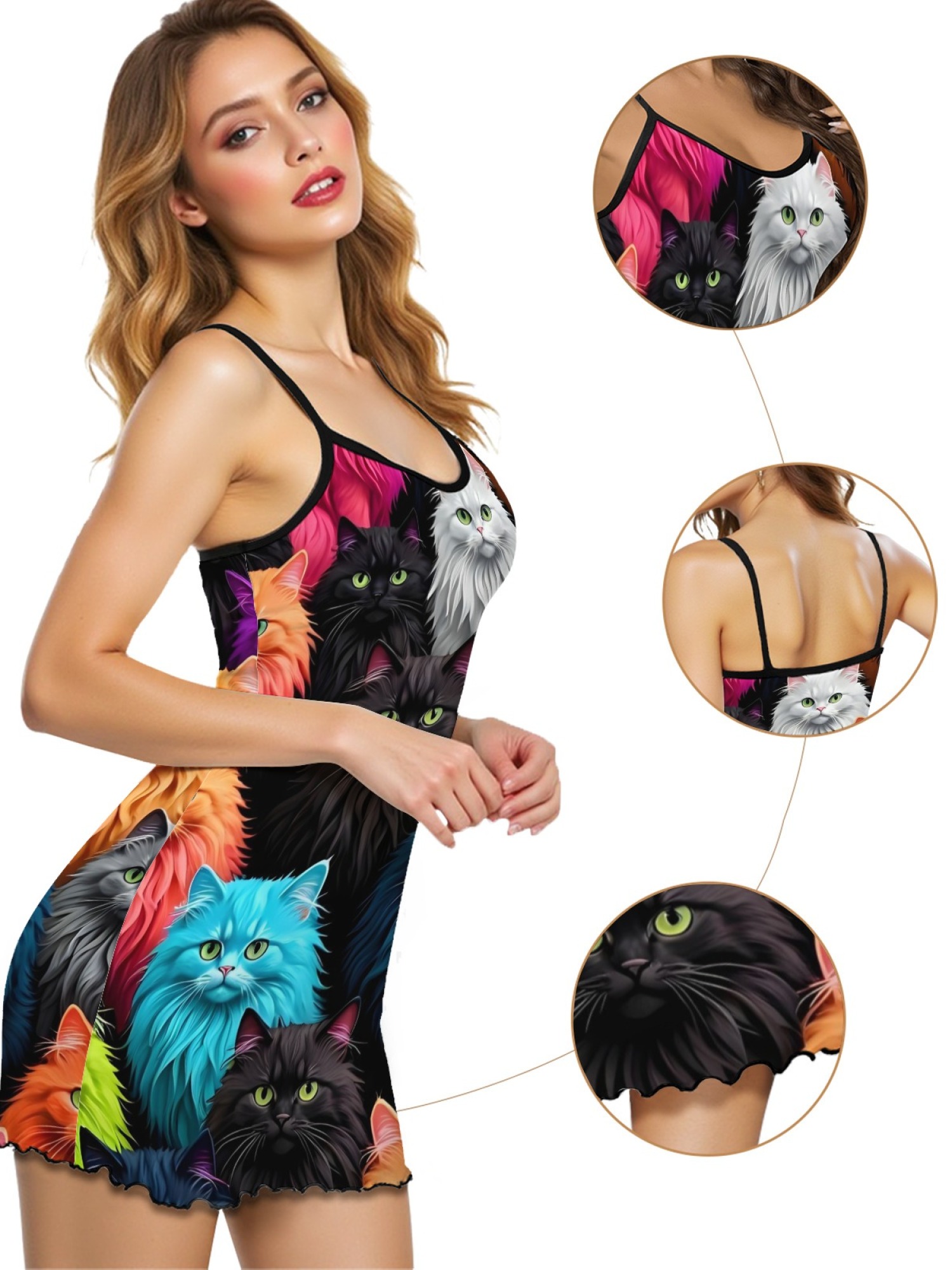 Cute Cat Print Women's Summer Pajamas, Lightweight Knit Robe for Leisure, Backless Ribbed Cami Dress, Comfortable and Breathable Nightwear, Perfect Gift for Sweethearts