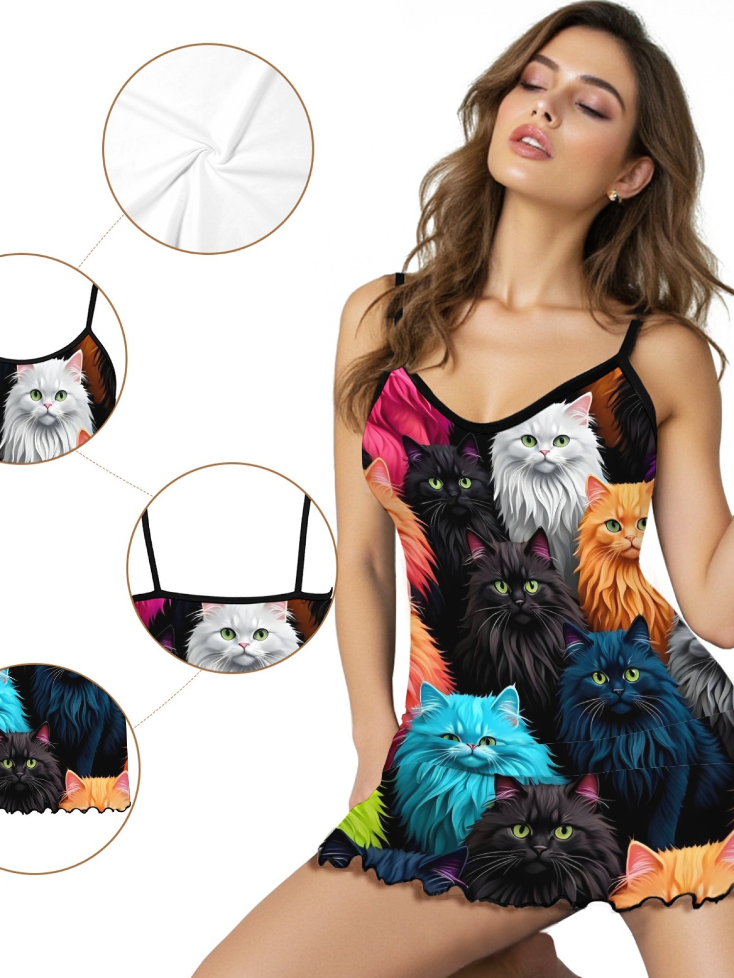 Cute Cat Print Women's Summer Pajamas, Lightweight Knit Robe for Leisure, Backless Ribbed Cami Dress, Comfortable and Breathable Nightwear, Perfect Gift for Sweethearts