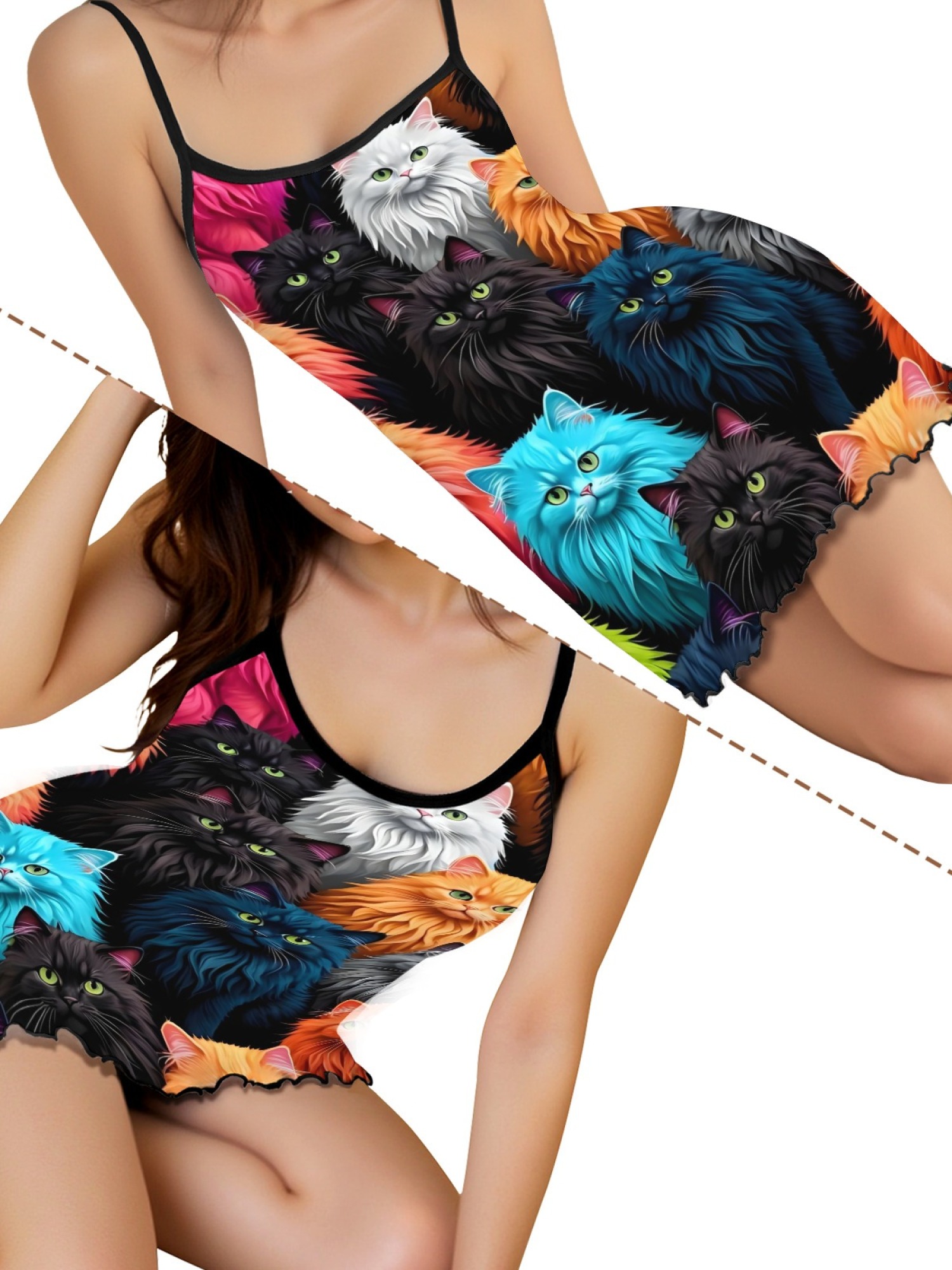 Cute Cat Print Women's Summer Pajamas, Lightweight Knit Robe for Leisure, Backless Ribbed Cami Dress, Comfortable and Breathable Nightwear, Perfect Gift for Sweethearts