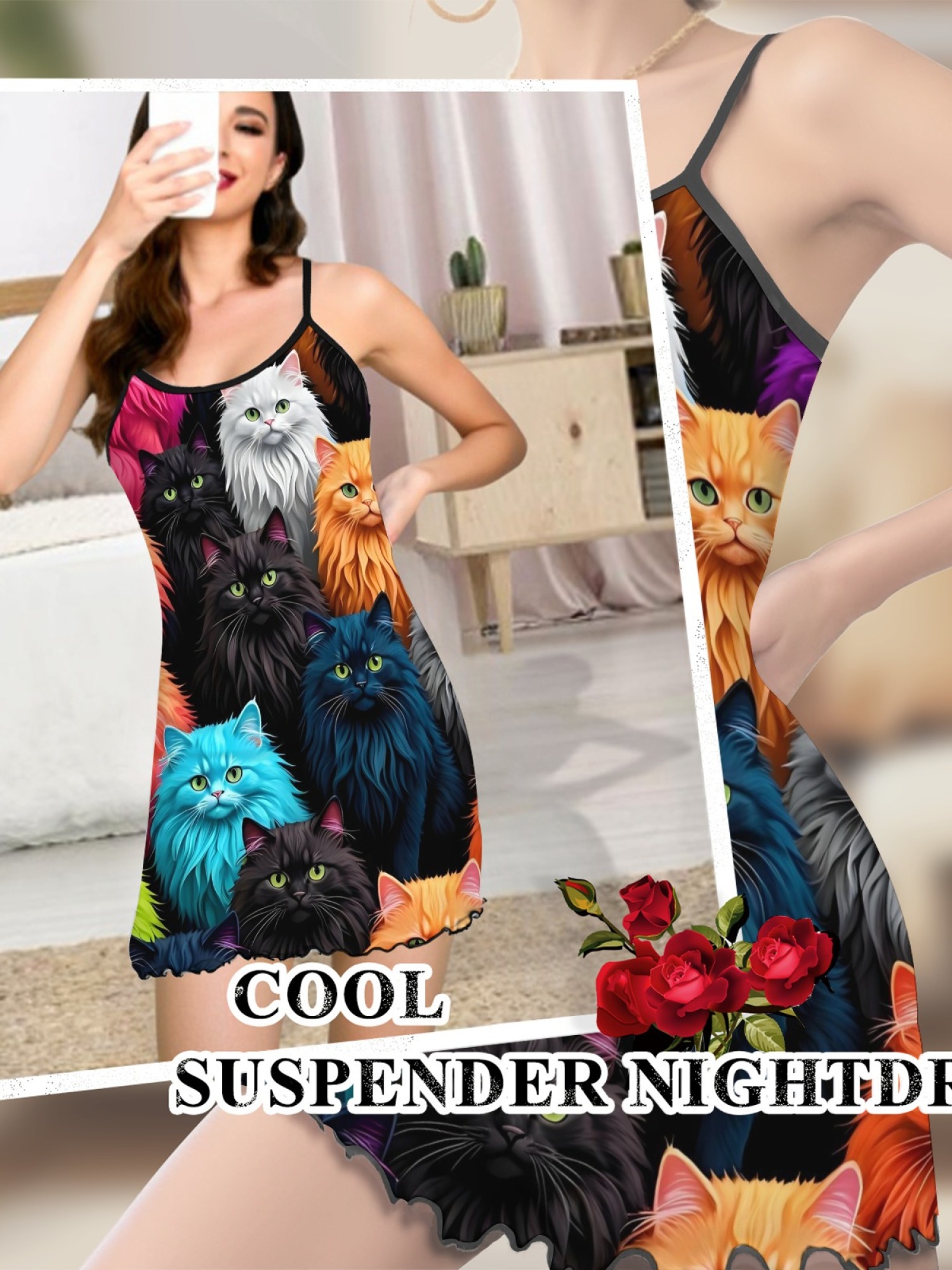 Cute Cat Print Women's Summer Pajamas, Lightweight Knit Robe for Leisure, Backless Ribbed Cami Dress, Comfortable and Breathable Nightwear, Perfect Gift for Sweethearts