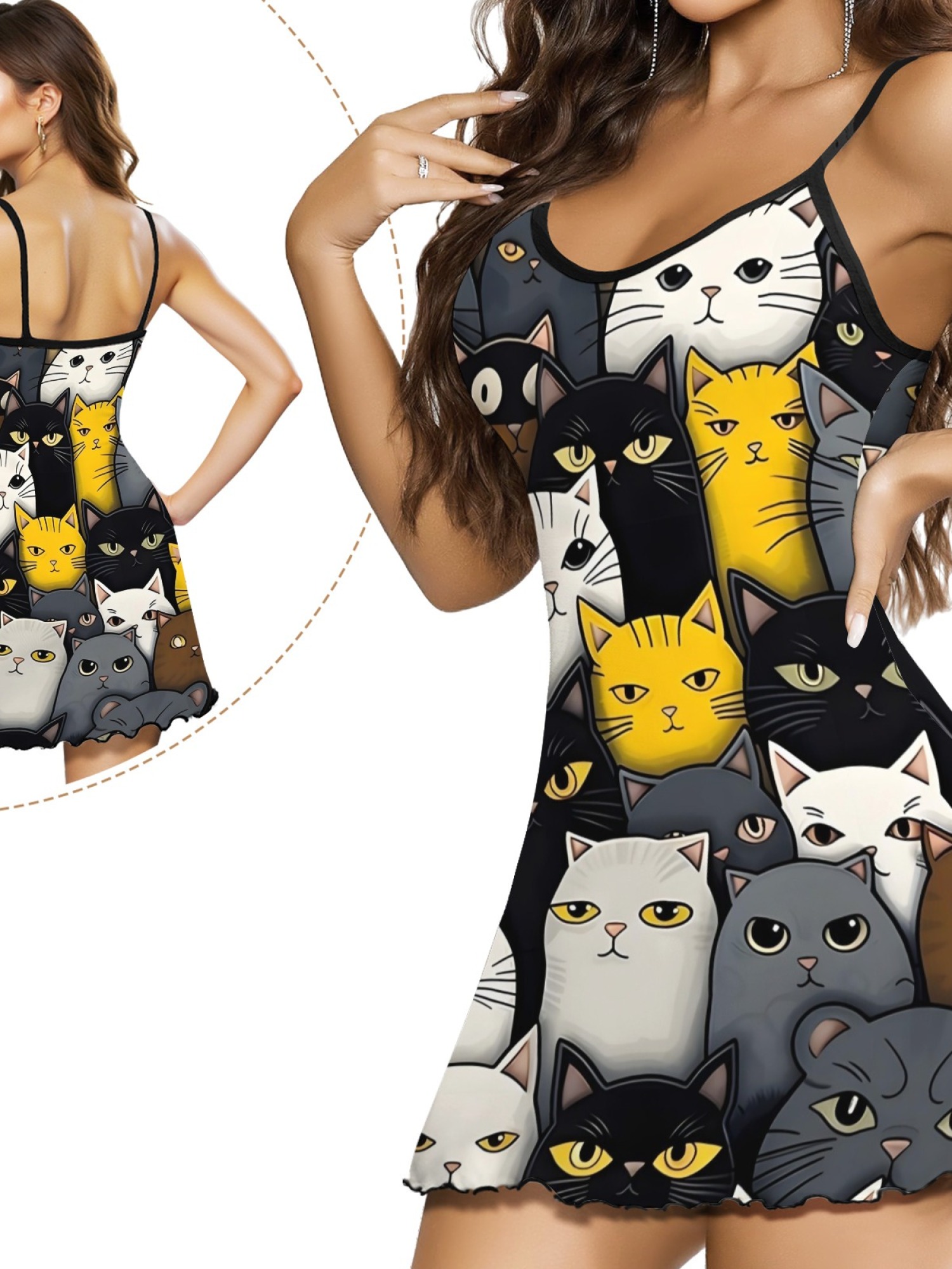 Cute Cat Print Women's Summer Pajamas, Lightweight Knit Robe for Leisure, Backless Ribbed Cami Dress, Comfortable and Breathable Nightwear, Perfect Gift for Sweethearts