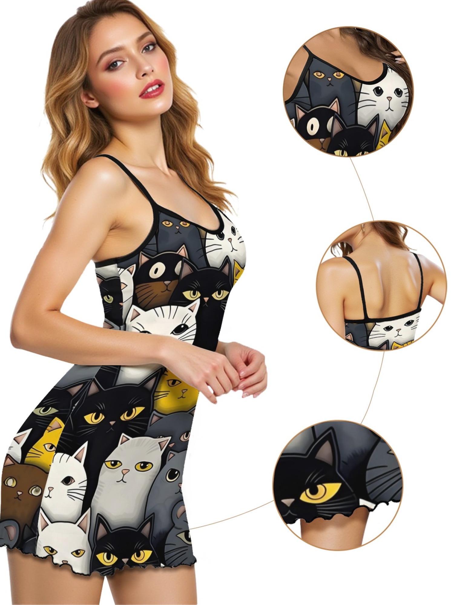 Cute Cat Print Women's Summer Pajamas, Lightweight Knit Robe for Leisure, Backless Ribbed Cami Dress, Comfortable and Breathable Nightwear, Perfect Gift for Sweethearts