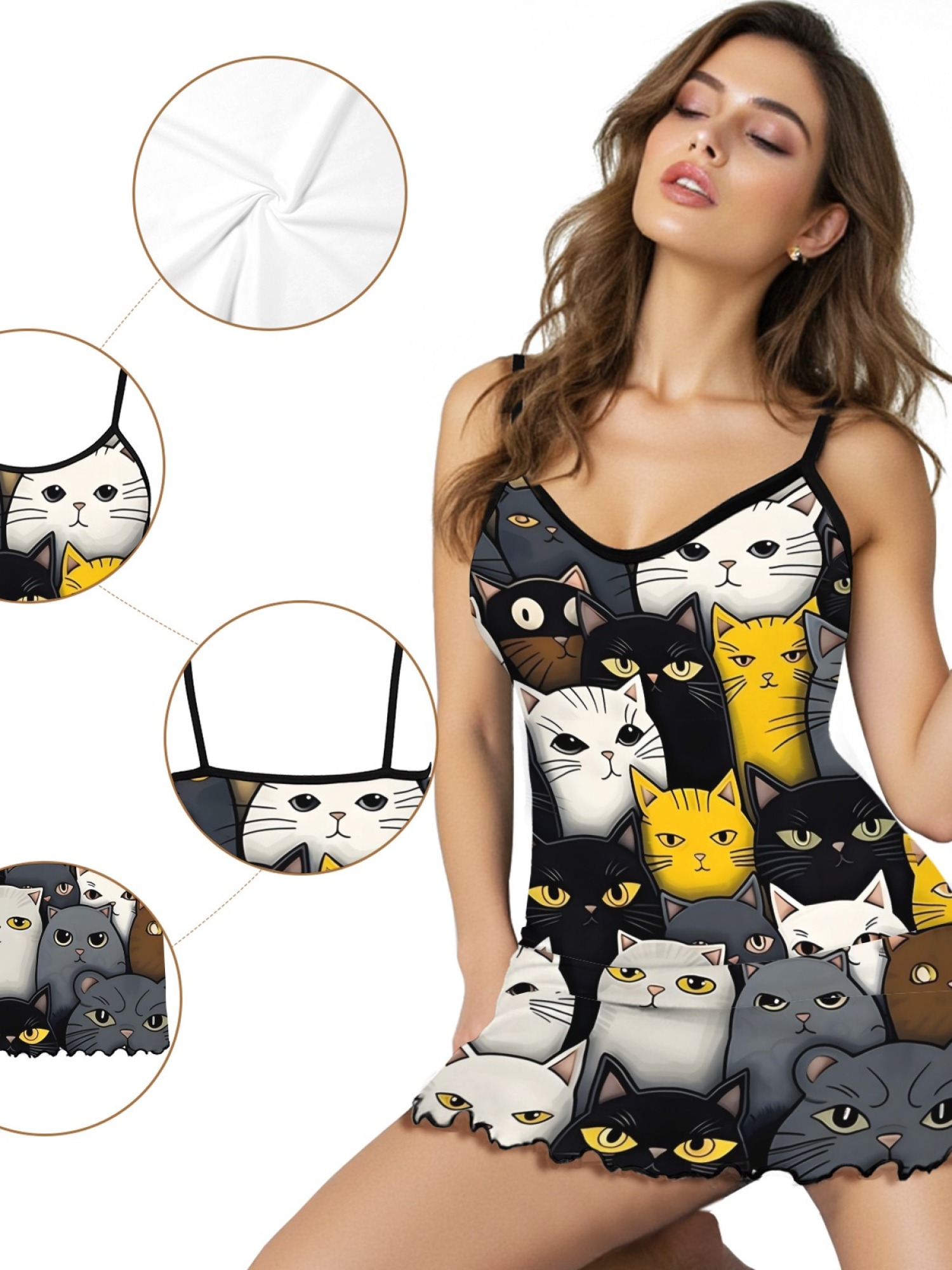 Cute Cat Print Women's Summer Pajamas, Lightweight Knit Robe for Leisure, Backless Ribbed Cami Dress, Comfortable and Breathable Nightwear, Perfect Gift for Sweethearts