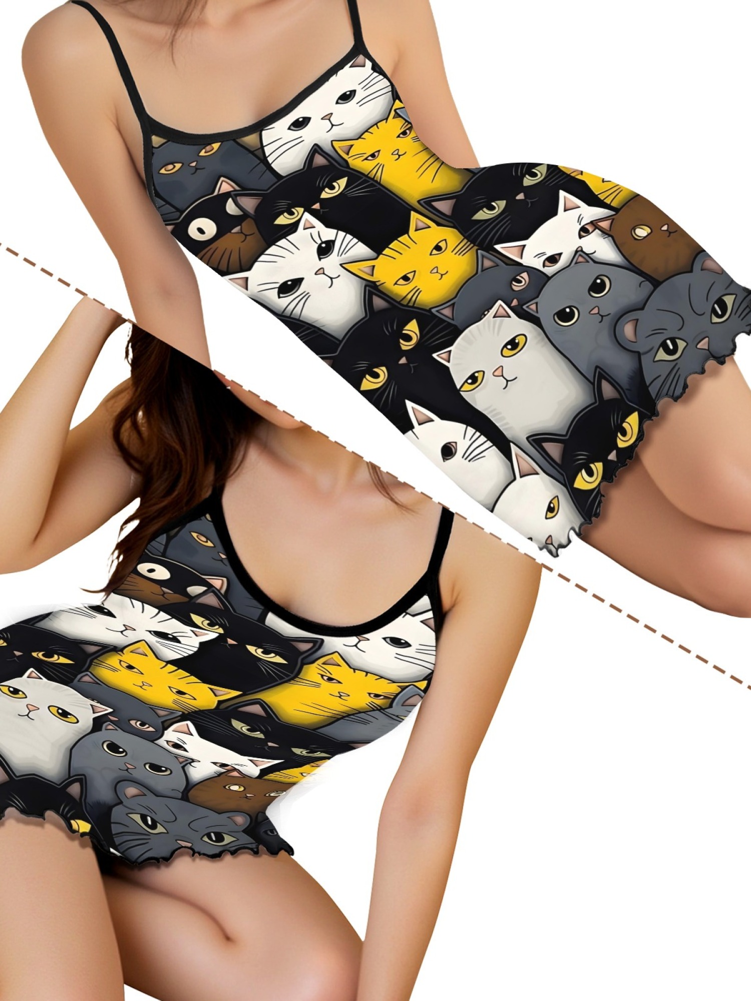 Cute Cat Print Women's Summer Pajamas, Lightweight Knit Robe for Leisure, Backless Ribbed Cami Dress, Comfortable and Breathable Nightwear, Perfect Gift for Sweethearts