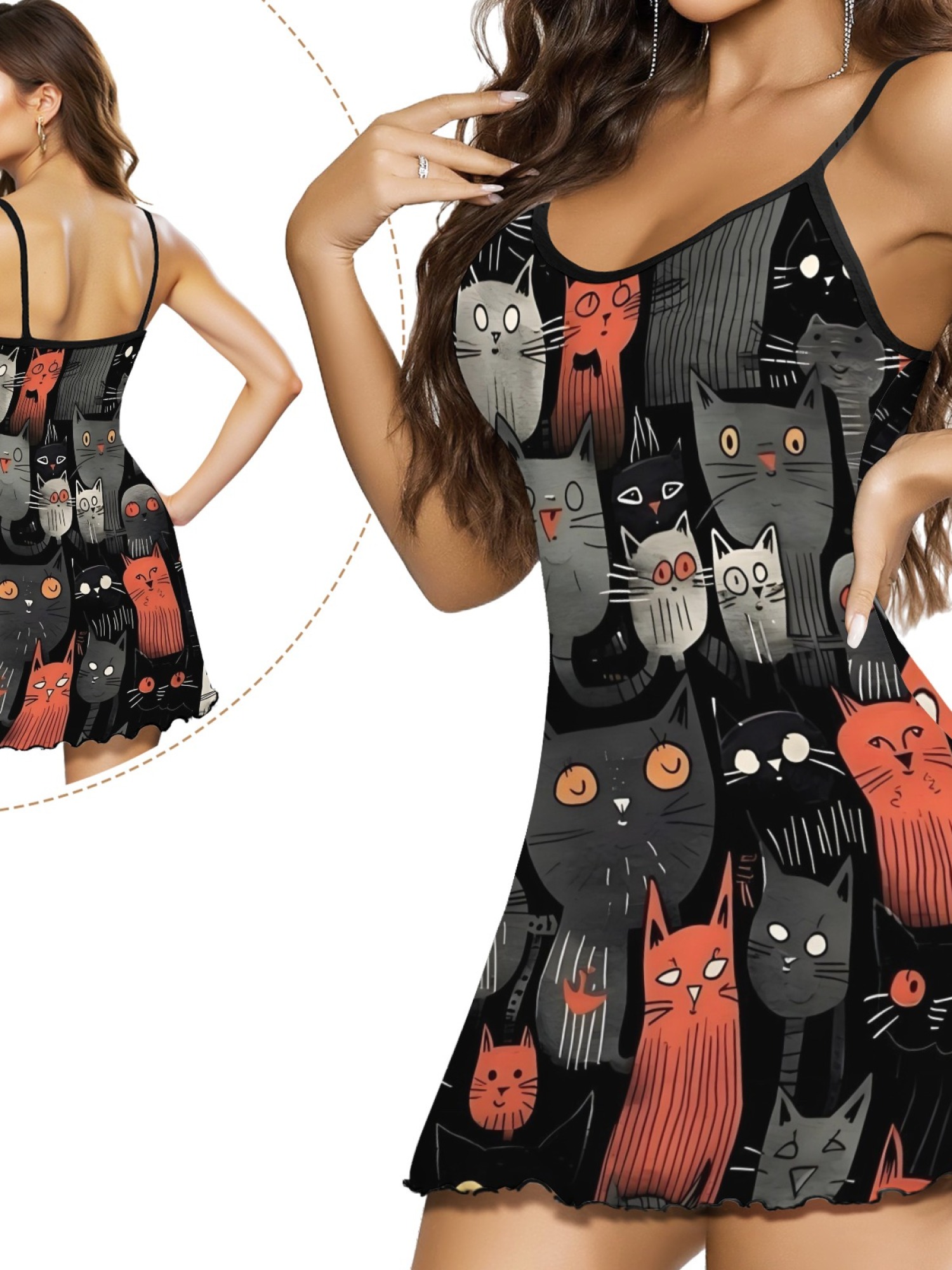 Cute Cat Print Women's Summer Pajamas, Lightweight Knit Robe for Leisure, Backless Ribbed Cami Dress, Comfortable and Breathable Nightwear, Perfect Gift for Sweethearts