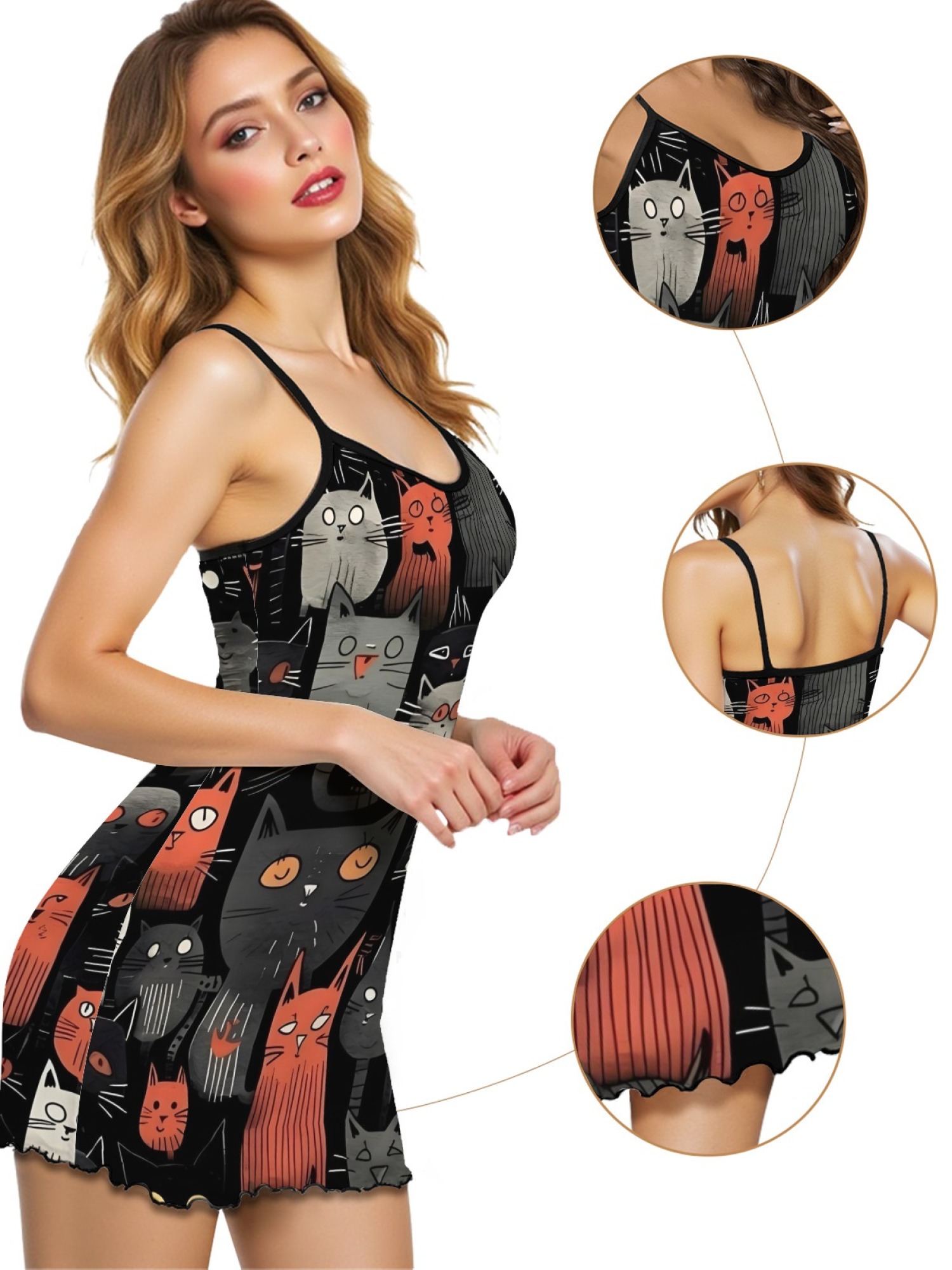 Cute Cat Print Women's Summer Pajamas, Lightweight Knit Robe for Leisure, Backless Ribbed Cami Dress, Comfortable and Breathable Nightwear, Perfect Gift for Sweethearts