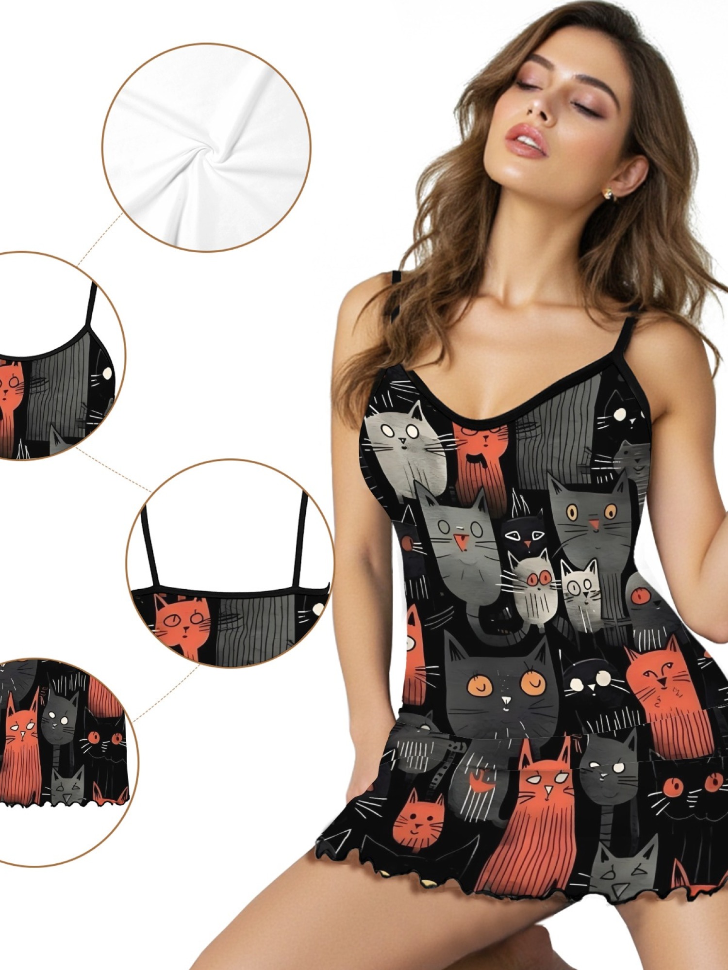 Cute Cat Print Women's Summer Pajamas, Lightweight Knit Robe for Leisure, Backless Ribbed Cami Dress, Comfortable and Breathable Nightwear, Perfect Gift for Sweethearts