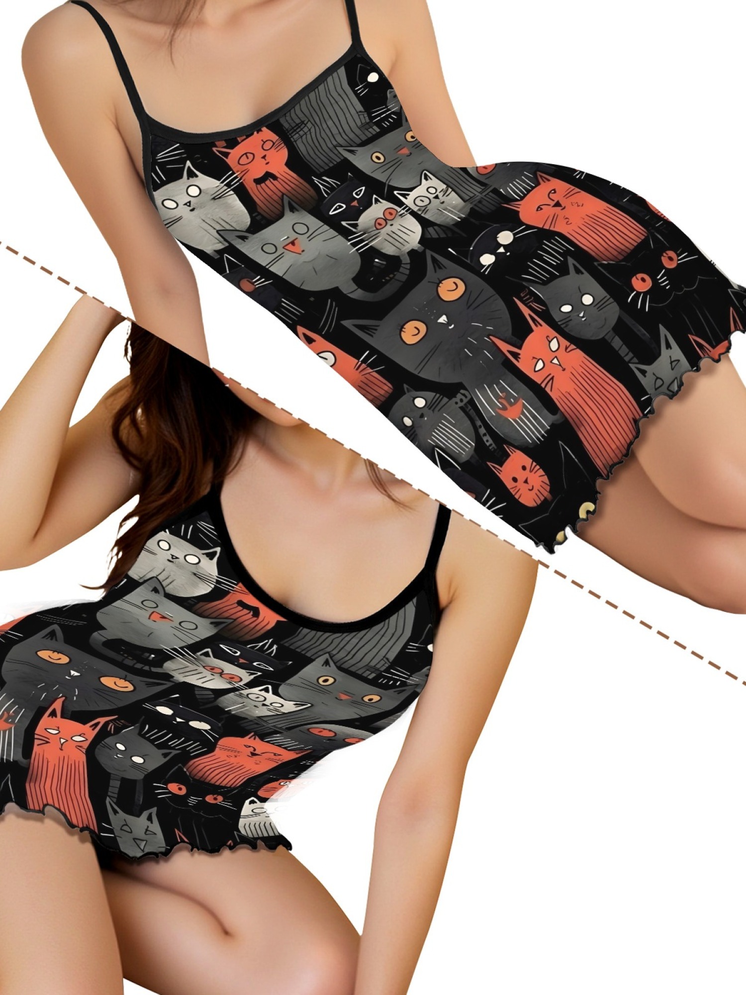 Cute Cat Print Women's Summer Pajamas, Lightweight Knit Robe for Leisure, Backless Ribbed Cami Dress, Comfortable and Breathable Nightwear, Perfect Gift for Sweethearts