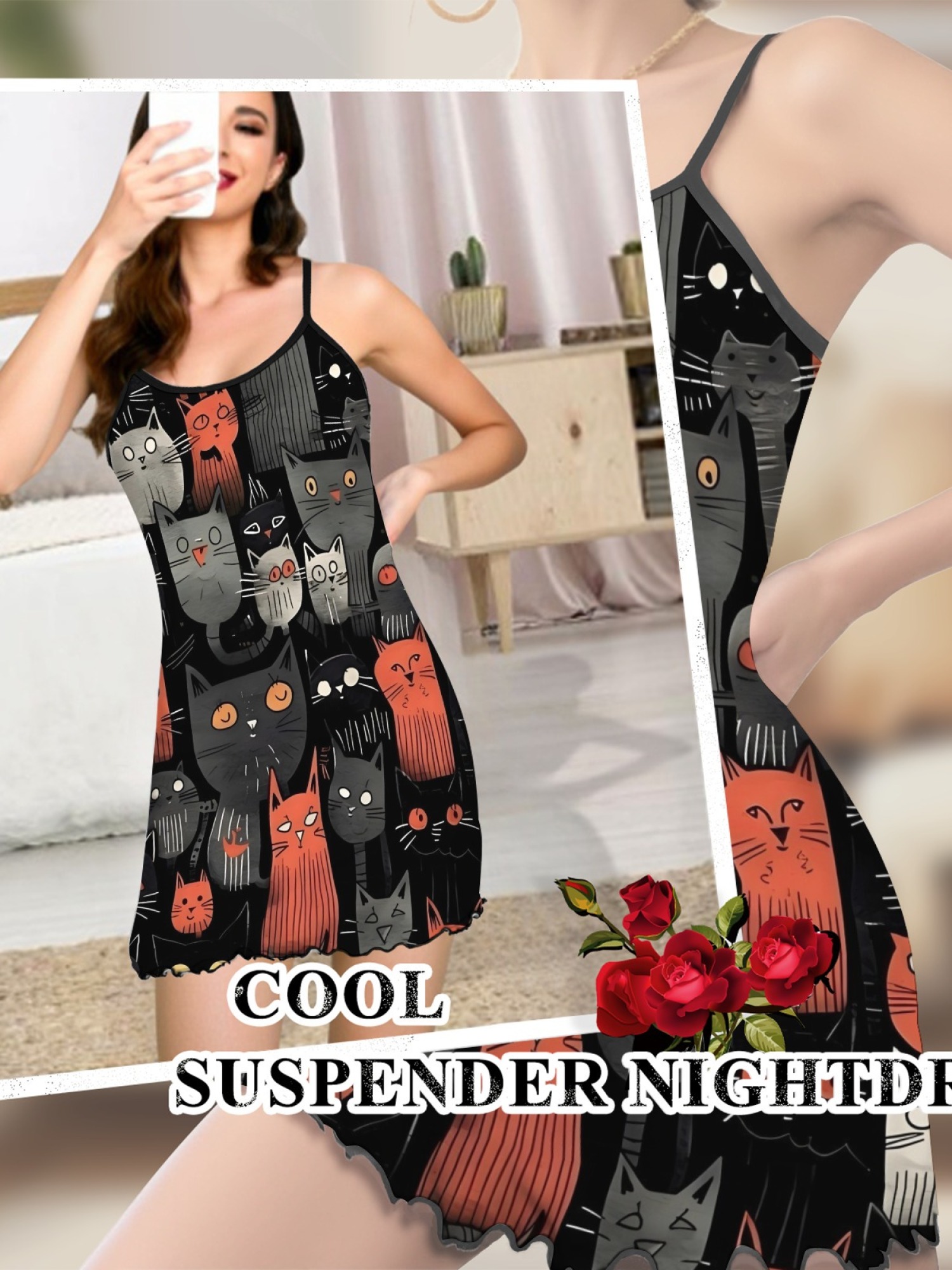 Cute Cat Print Women's Summer Pajamas, Lightweight Knit Robe for Leisure, Backless Ribbed Cami Dress, Comfortable and Breathable Nightwear, Perfect Gift for Sweethearts