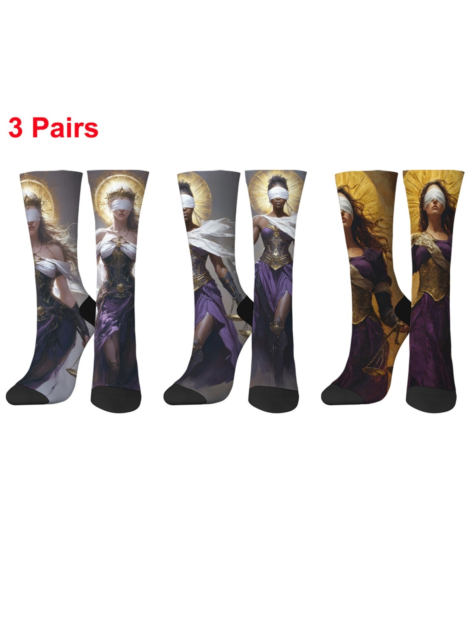 "Blind Justice" Fantasy Goddess Crew Socks | Mythology Art Print Set (3 Pairs)