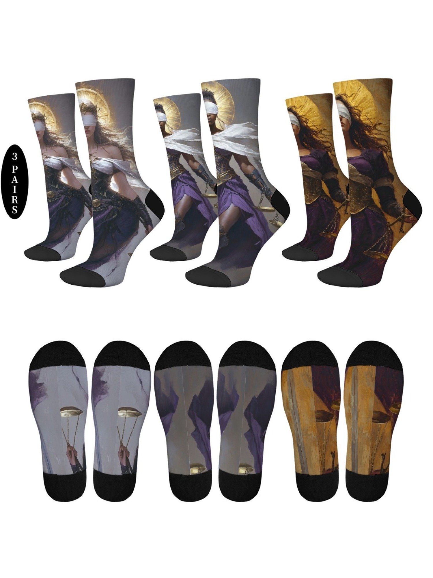 "Blind Justice" Fantasy Goddess Crew Socks | Mythology Art Print Set (3 Pairs)
