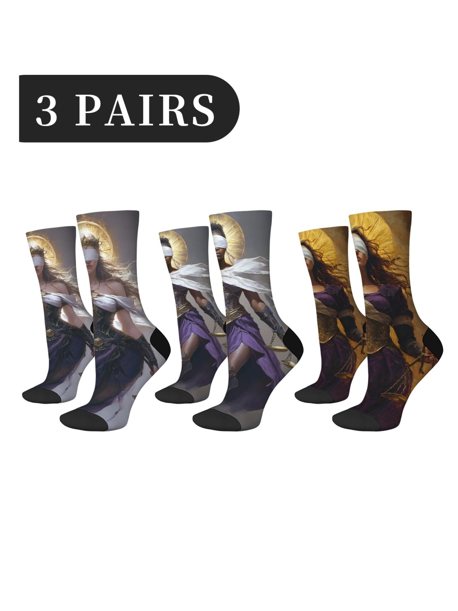 "Blind Justice" Fantasy Goddess Crew Socks | Mythology Art Print Set (3 Pairs)