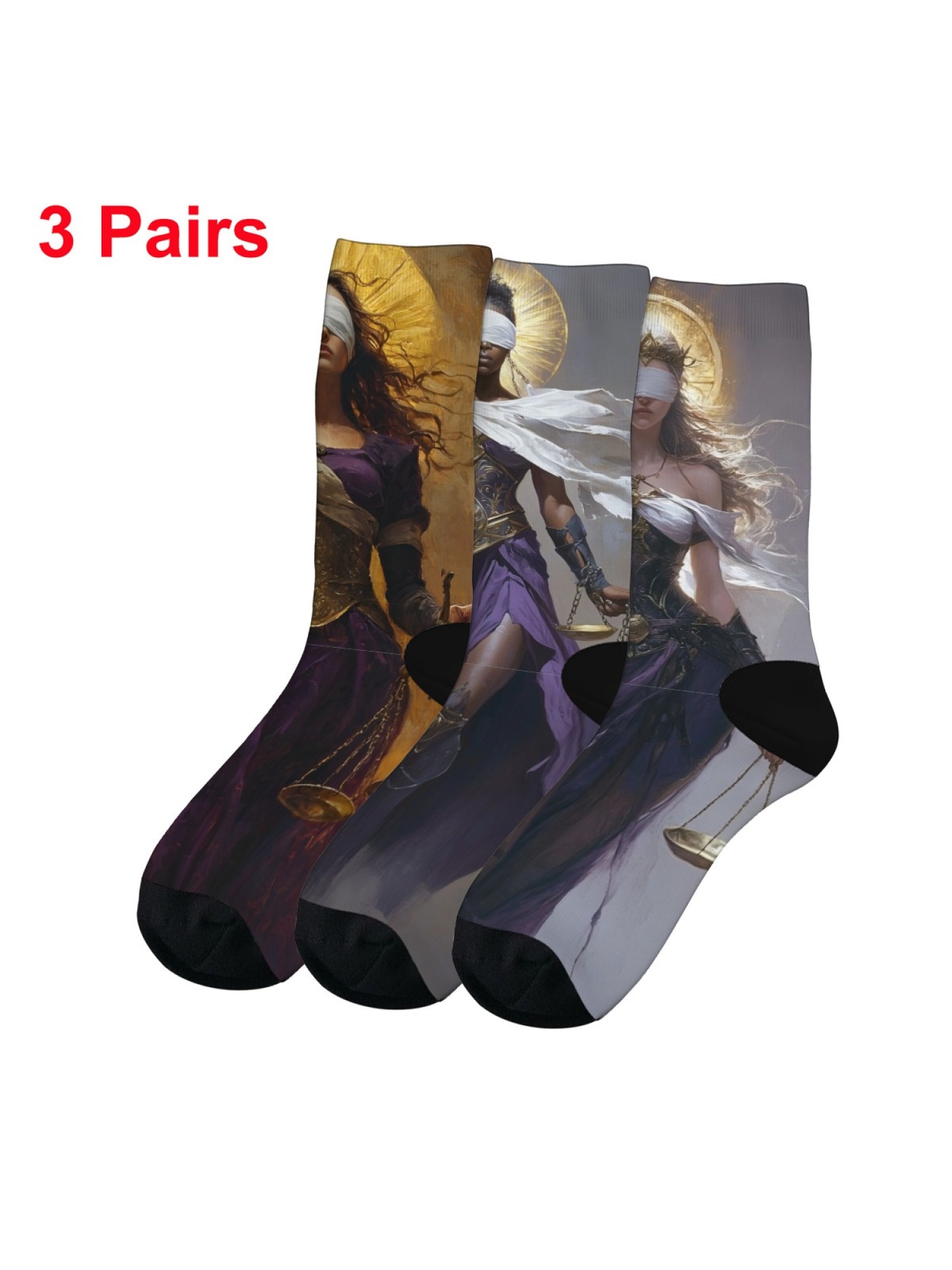 "Blind Justice" Fantasy Goddess Crew Socks | Mythology Art Print Set (3 Pairs)