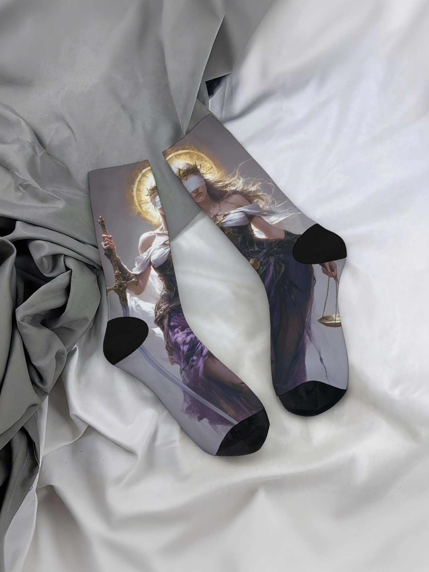 "Blind Justice" Fantasy Goddess Crew Socks | Mythology Art Print Set (3 Pairs)