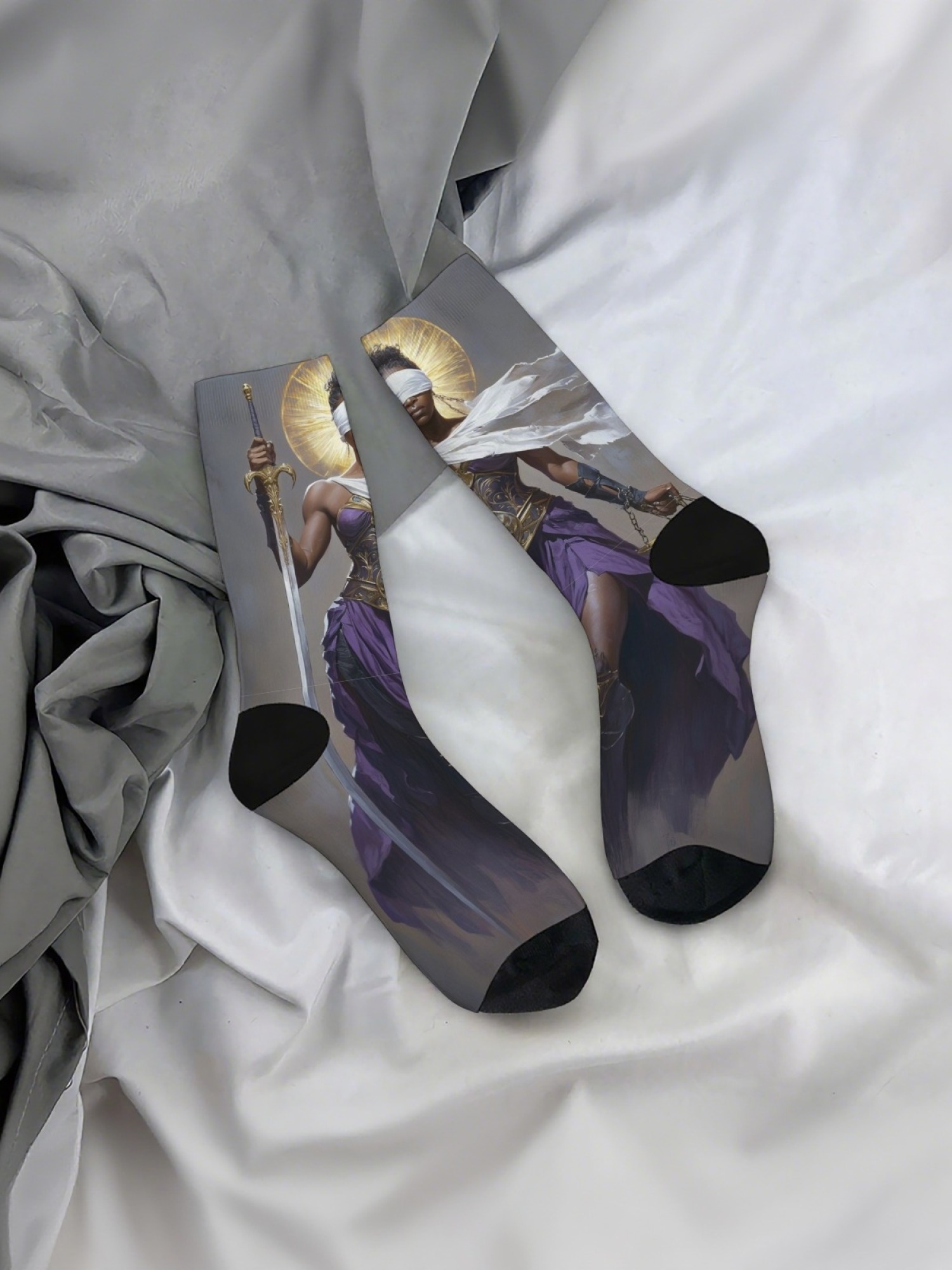 "Blind Justice" Fantasy Goddess Crew Socks | Mythology Art Print Set (3 Pairs)