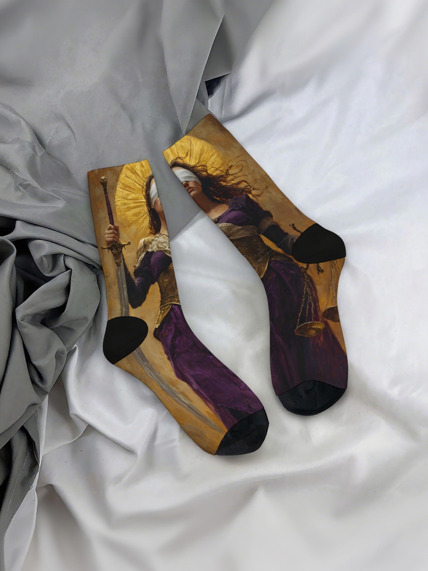 "Blind Justice" Fantasy Goddess Crew Socks | Mythology Art Print Set (3 Pairs)