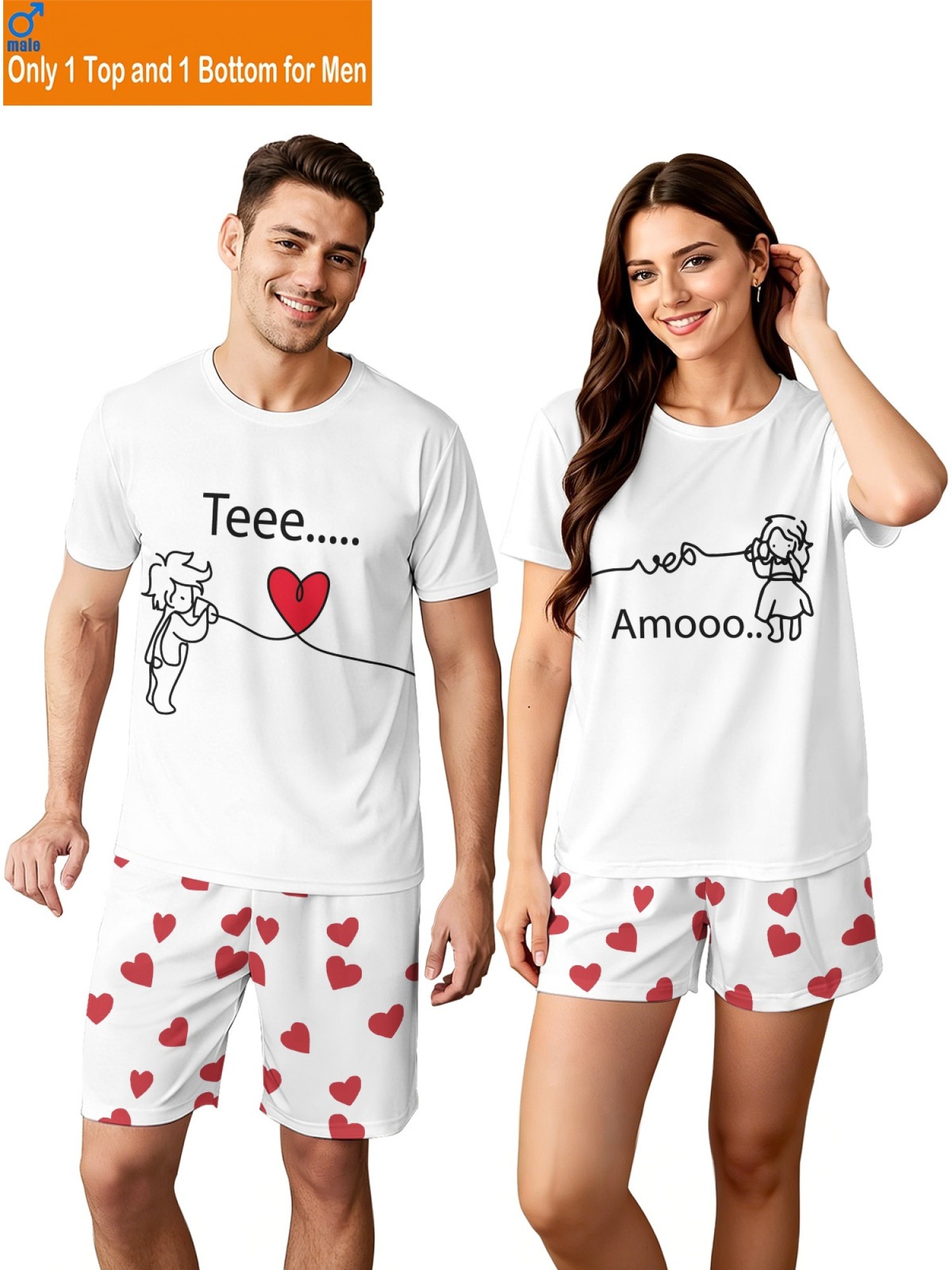 "Connected Hearts" Matching Couple Streetwear – T-Shirt & Shorts Summer Set