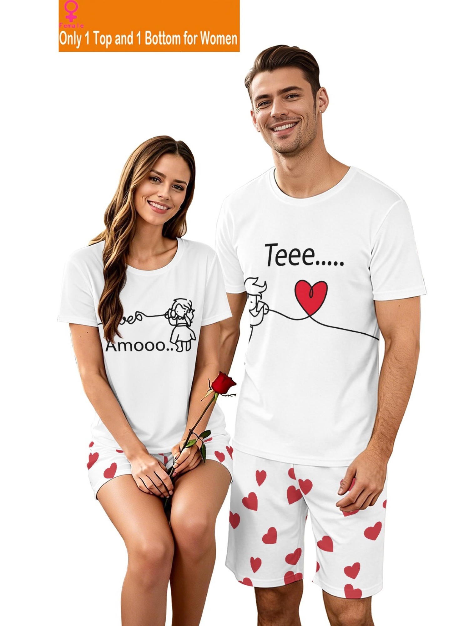 "Connected Hearts" Matching Couple Streetwear – T-Shirt & Shorts Summer Set