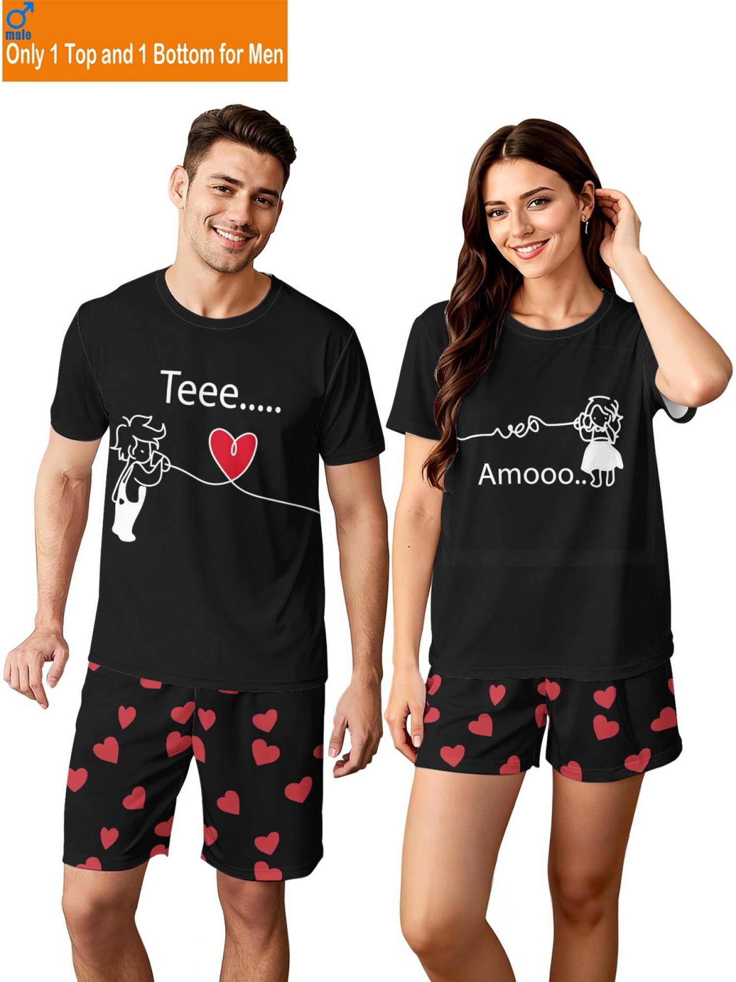 "Connected Hearts" Matching Couple Streetwear – T-Shirt & Shorts Summer Set