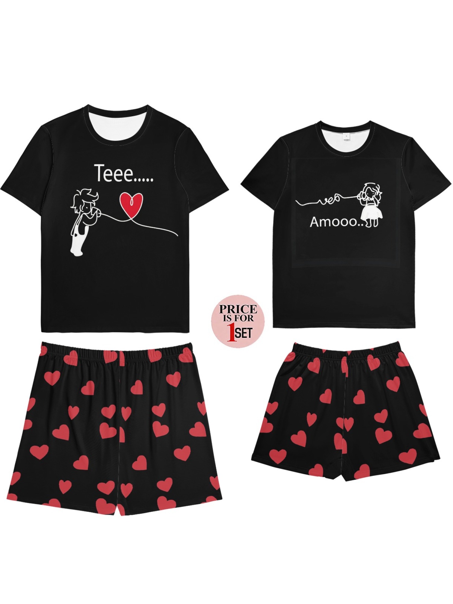 "Connected Hearts" Matching Couple Streetwear – T-Shirt & Shorts Summer Set