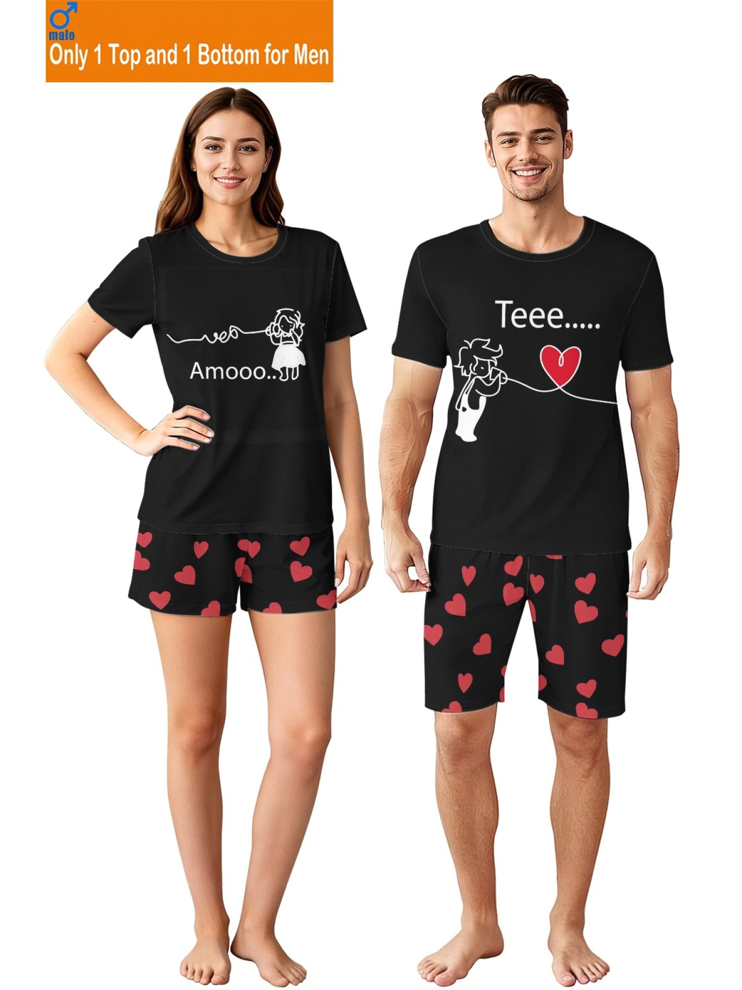 "Connected Hearts" Matching Couple Streetwear – T-Shirt & Shorts Summer Set