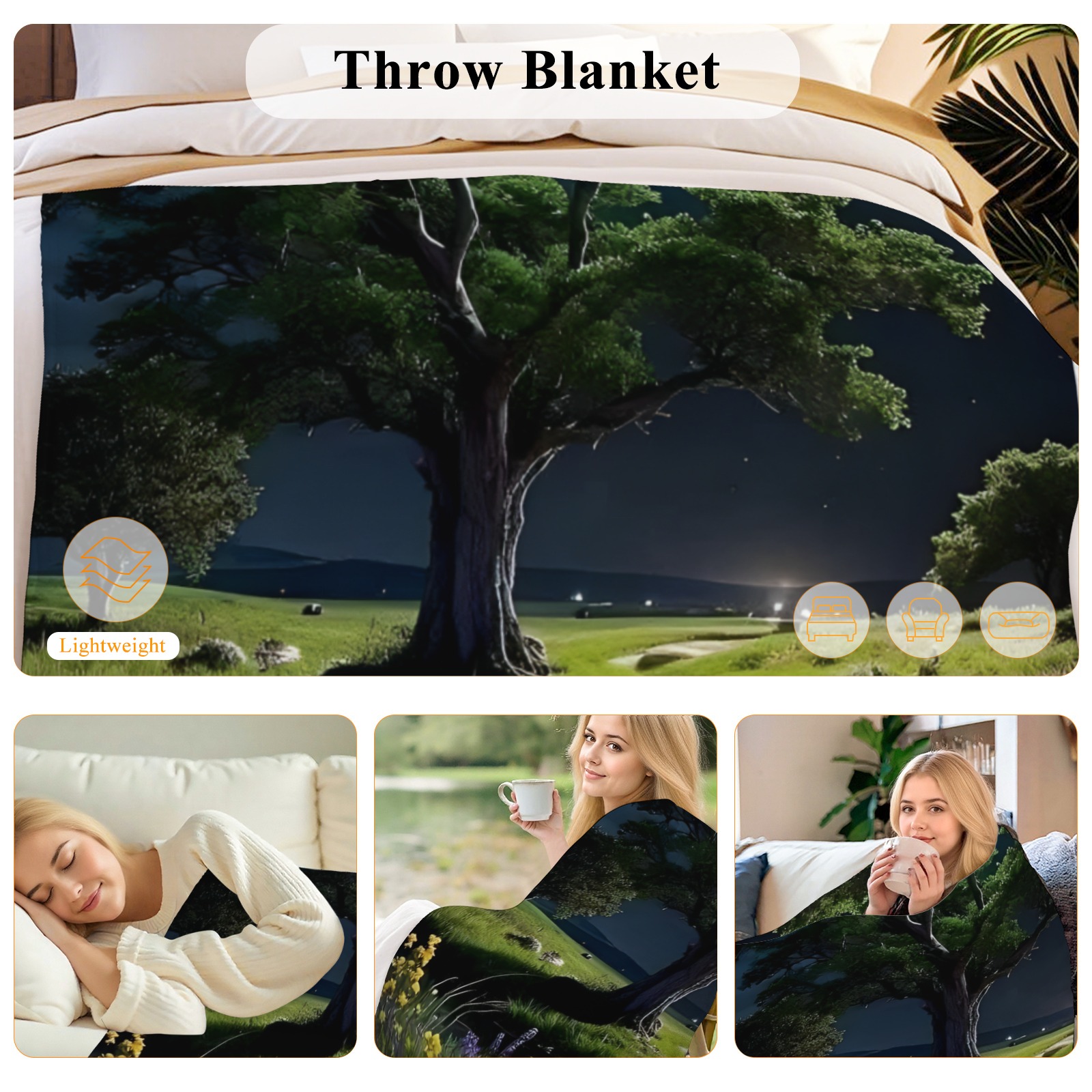 Enchanted Night Tree Landscape Throw Blanket, Lightweight Cozy Fleece Blanket for Bed, Sofa, Couch, Nature - Inspired Decor-Pixelunique