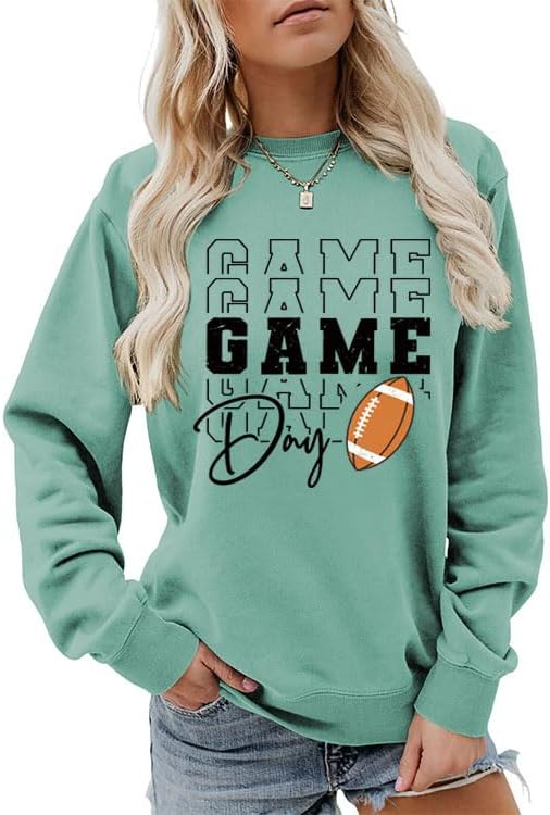 Game Day Sweatshirts for Women Football Fan Sweatshirt Letter Graphic Print Pullover Crewneck Long Sleeve Top