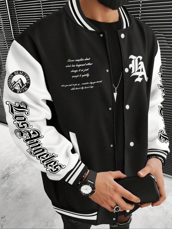 Men's Los Angeles Team Jacket, Graphic Letter Print Long Sleeve Baseball Jacket, Preppy Style Thick Fabric Fitted Coat for Fall & Winter