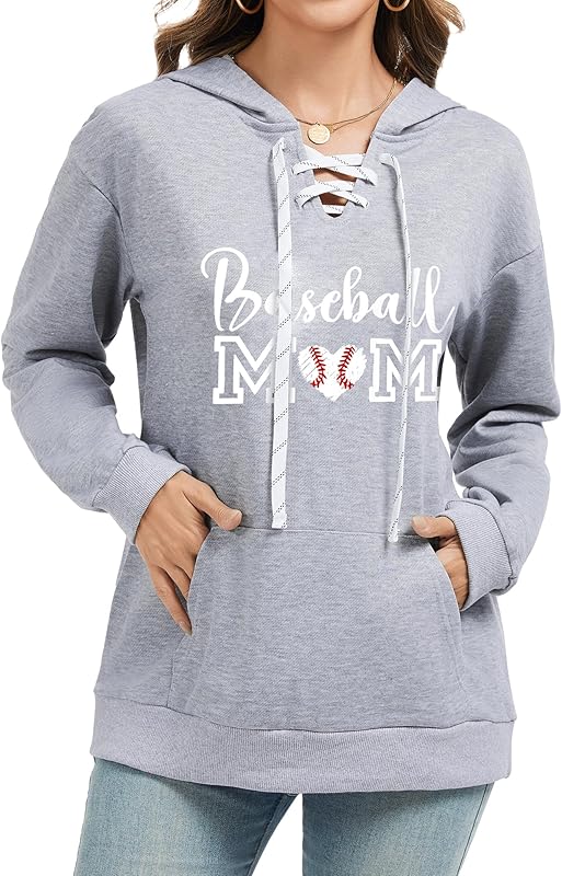 Women's V Neck Long Sleeve Baseball Hoodie Sweatshirt Pullover Loose Mom Shirt