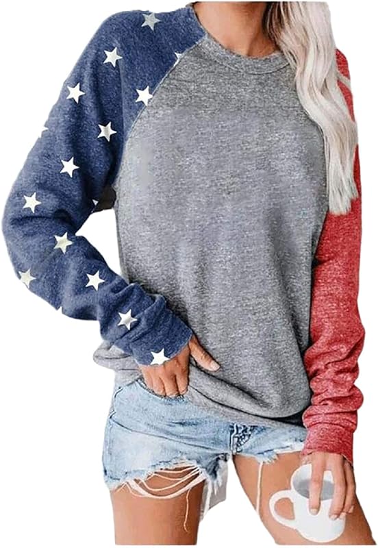 Womens Long Sleeve Shirt Baseball Shirt Mom Shirt American Flag Shirt Star Sweatshirt