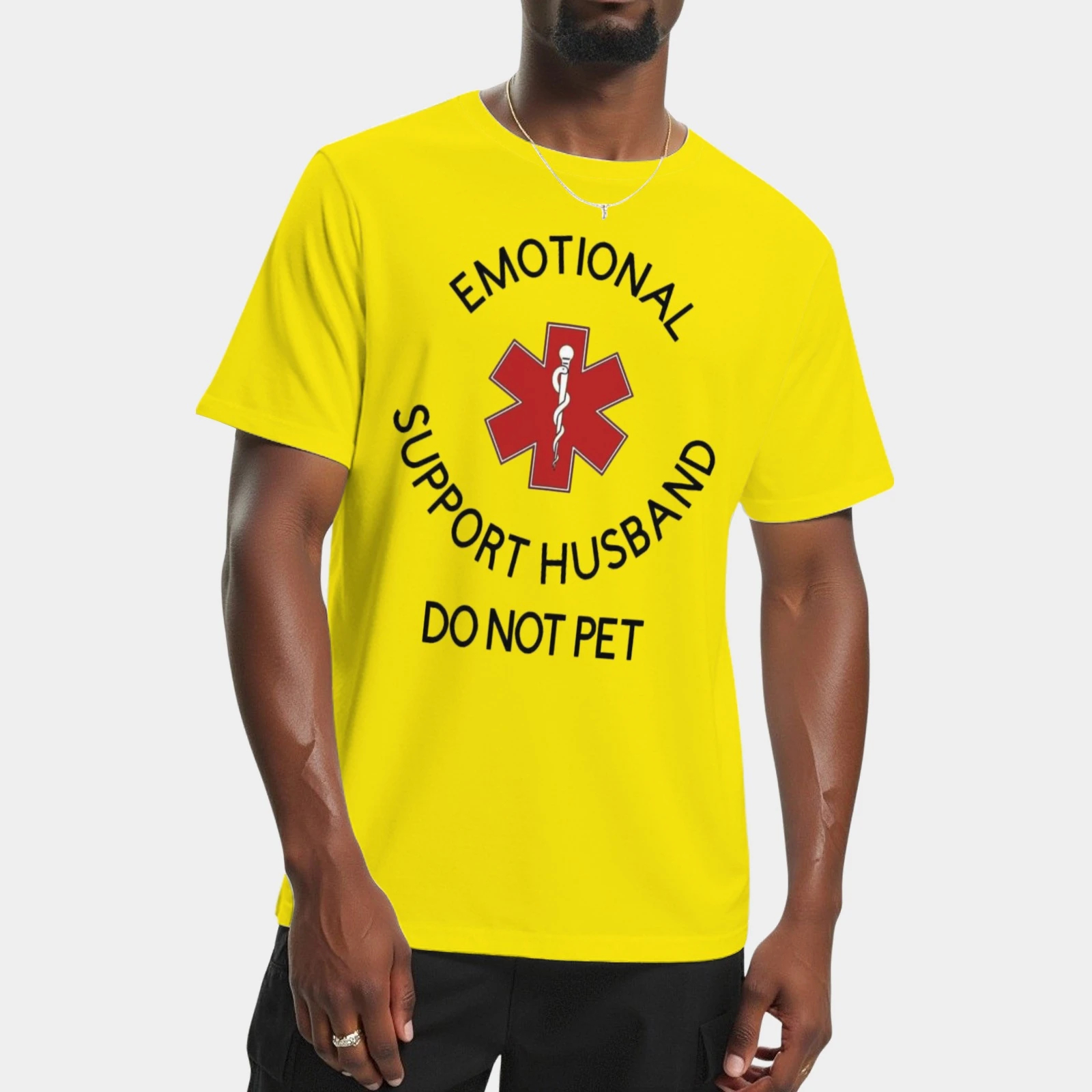 "Emotional Support Husband - Do Not Pet" Graphic T - Shirt | Humorous, Breathable Couple Tee - White