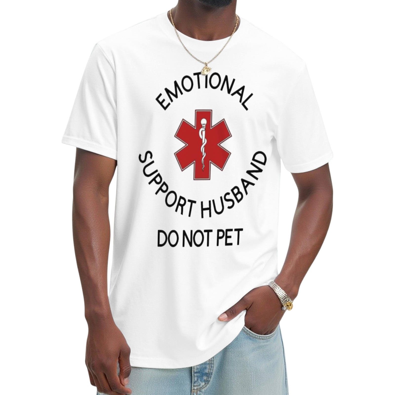 "Emotional Support Husband - Do Not Pet" Graphic T - Shirt | Humorous, Breathable Couple Tee - White