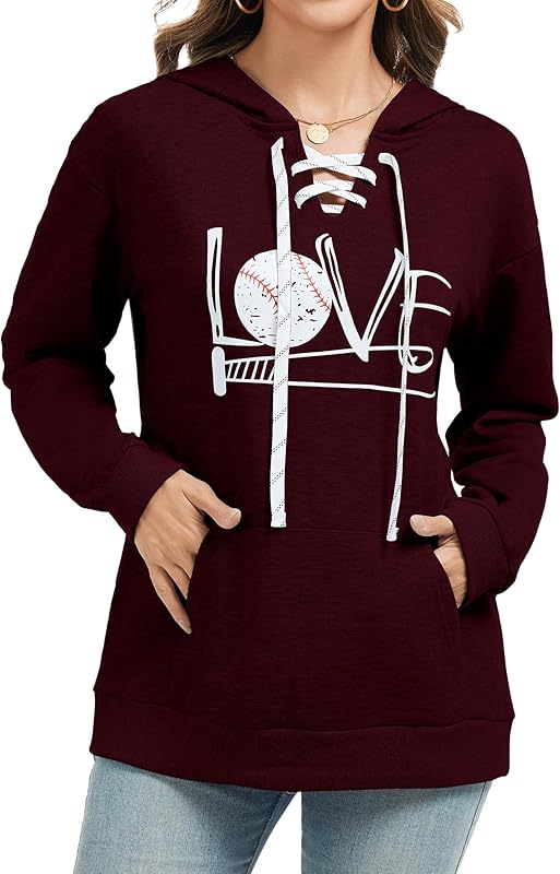 Women's V Neck Long Sleeve Baseball Hoodie Sweatshirt Pullover Loose Mom Shirt