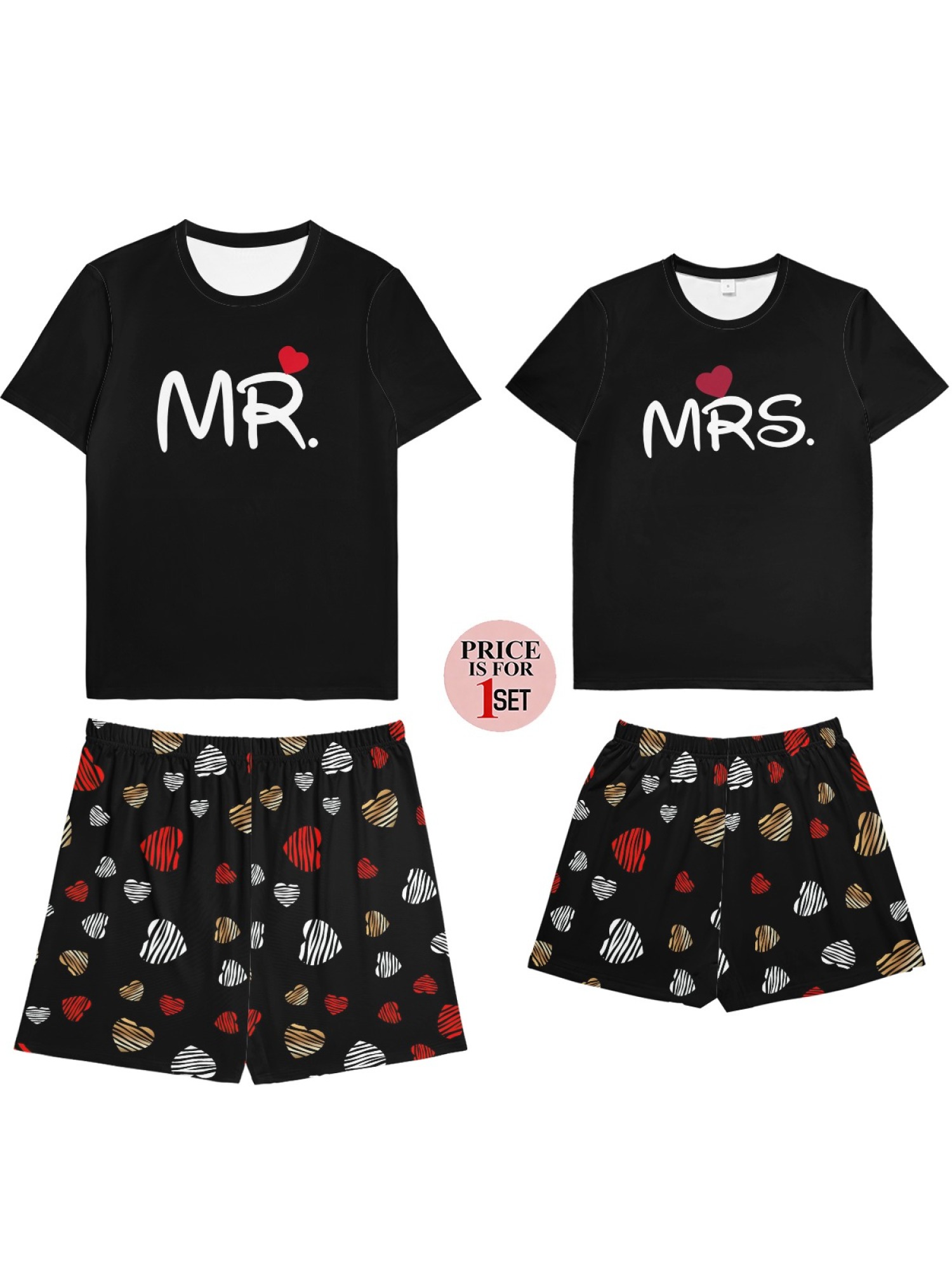 "Mr. & Mrs." Matching Couple Outfit – Black T-Shirt & Heart Print Shorts Summer Set