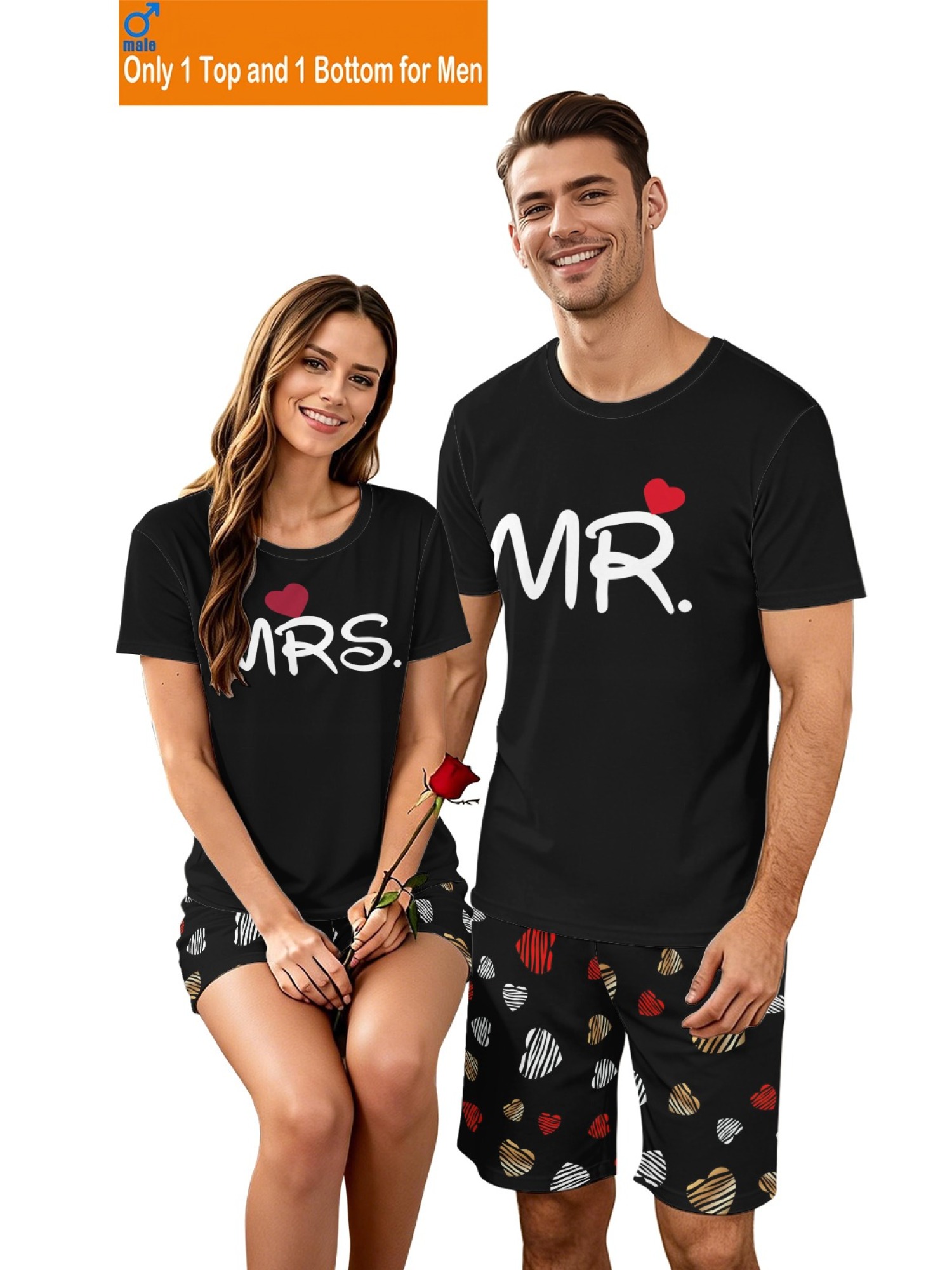 "Mr. & Mrs." Matching Couple Outfit – Black T-Shirt & Heart Print Shorts Summer Set