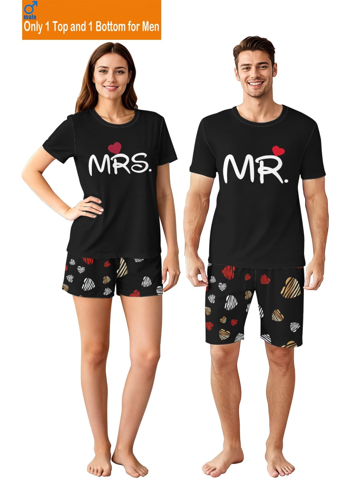 "Mr. & Mrs." Matching Couple Outfit – Black T-Shirt & Heart Print Shorts Summer Set
