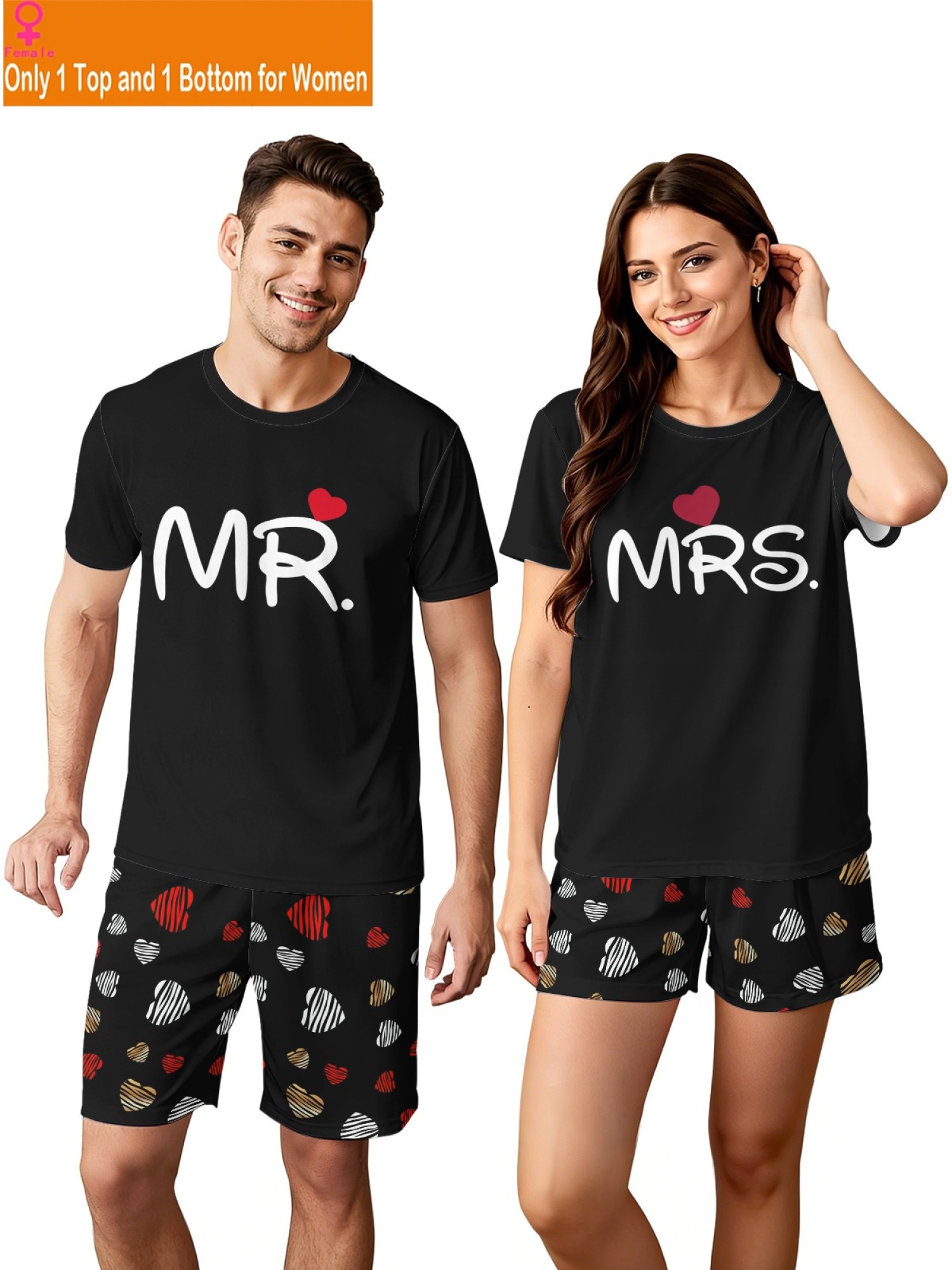 "Mr. & Mrs." Matching Couple Outfit – Black T-Shirt & Heart Print Shorts Summer Set