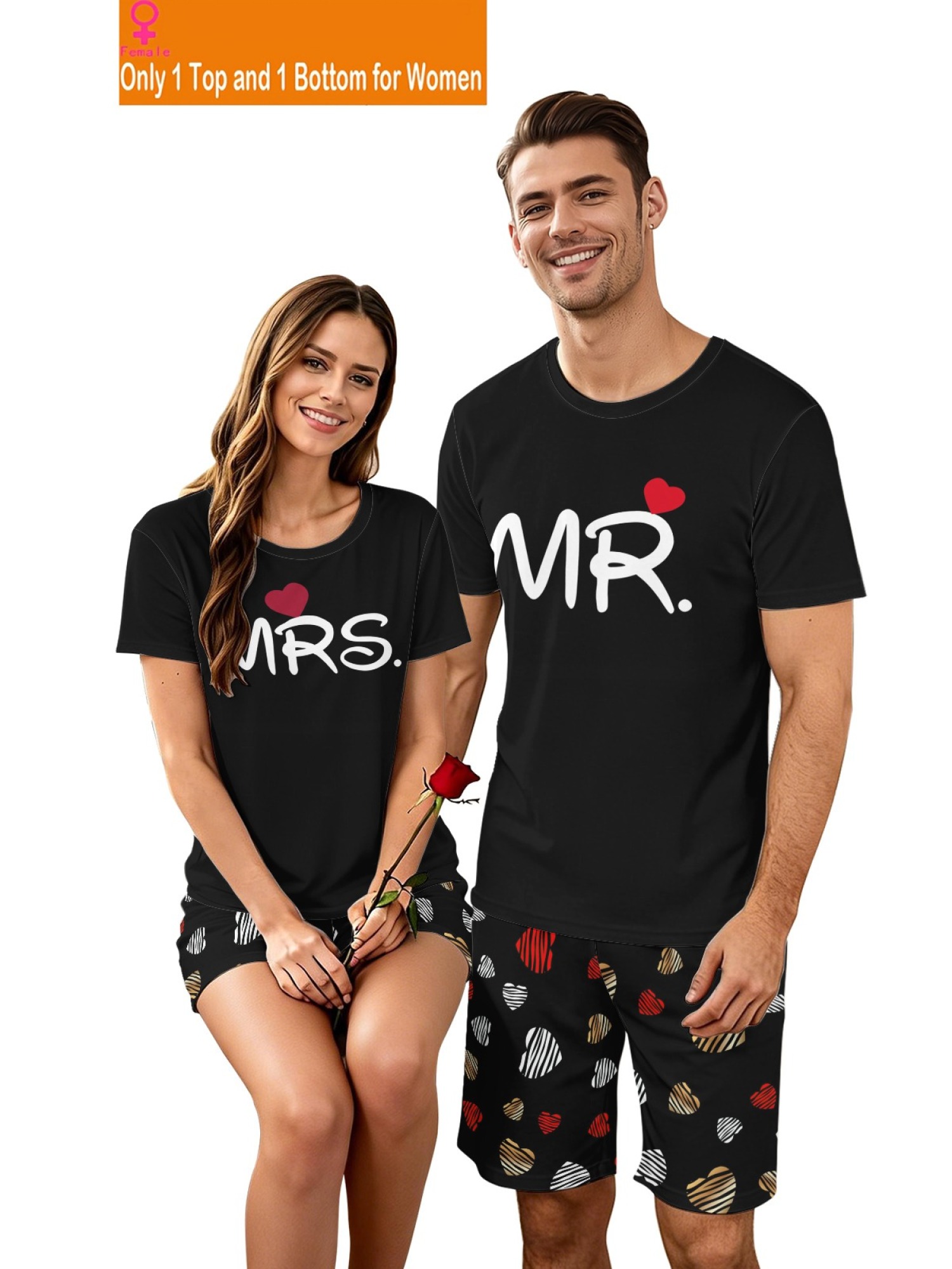 "Mr. & Mrs." Matching Couple Outfit – Black T-Shirt & Heart Print Shorts Summer Set