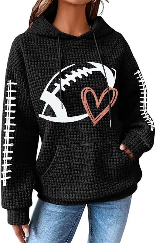 Game Day Hooded Sweatshirt Women Funny Football Graphic Shirt Waffle Knit Game Day Pullover Hoodies Long Sleeve