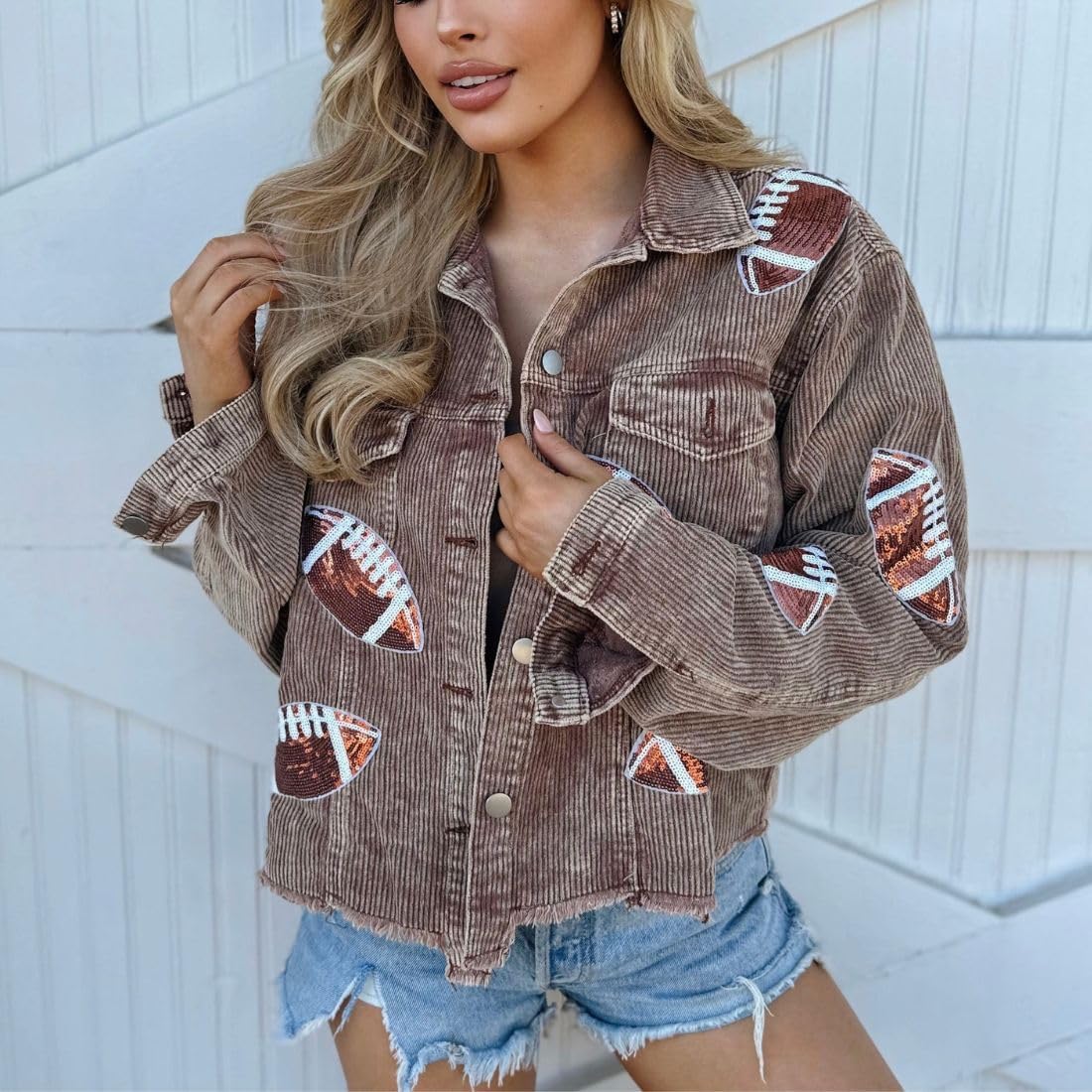 Women's Game Day Outfit Jacket Football Sequin Patched Raw Hem Cropped Corduroy Shacket Coat
