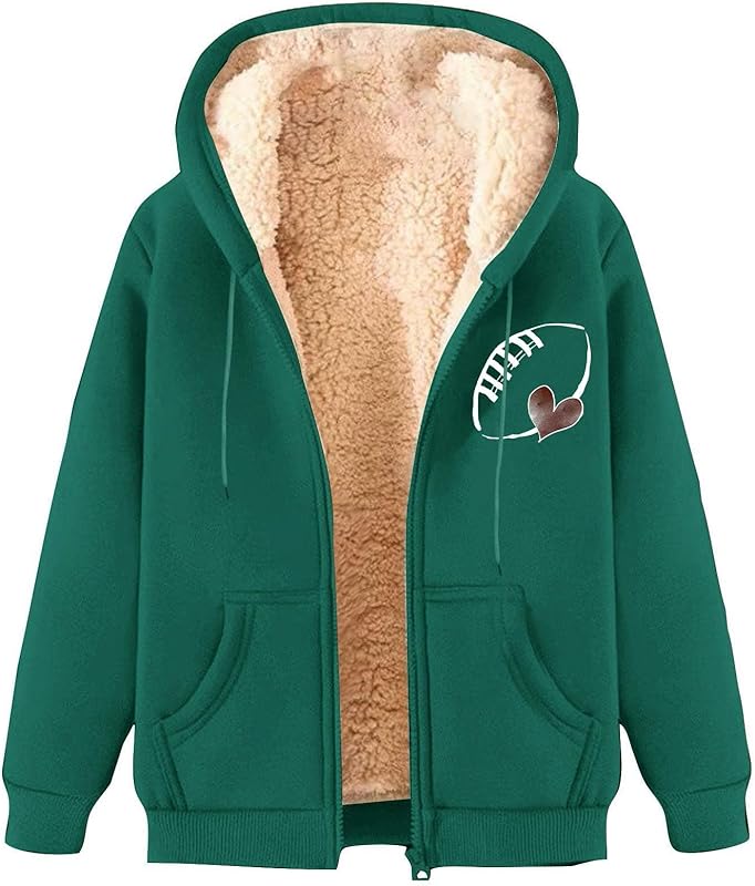 Game Day Sweatshirt Women Fleece Sherpa Lined Jacket Zip Up Football Sweatshirts Fall Warm Winter Coat with Pockets