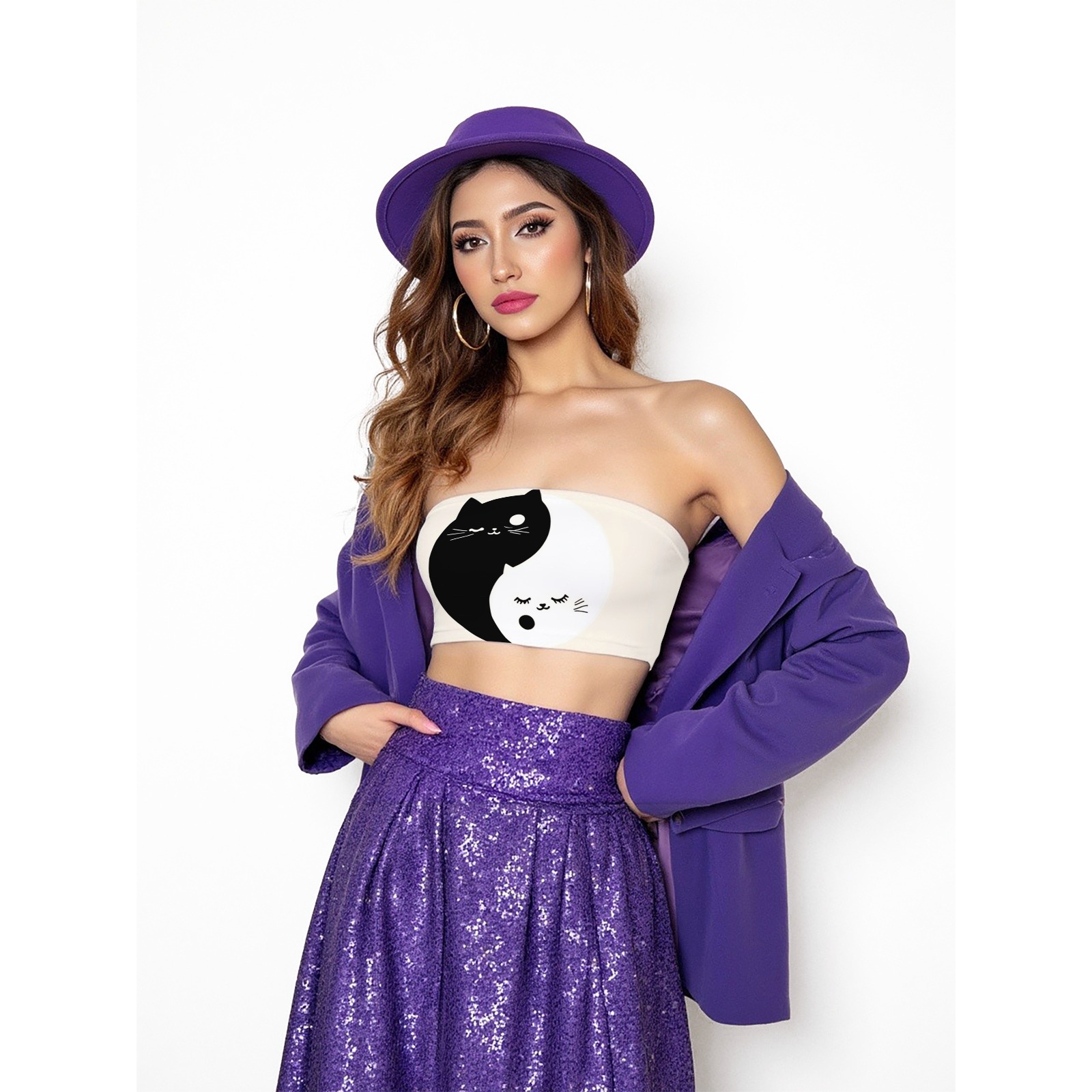 Women's Yin - Yang Cat Print Tube Top - Strapless Stretchy Summer Crop Top-Pixelunique