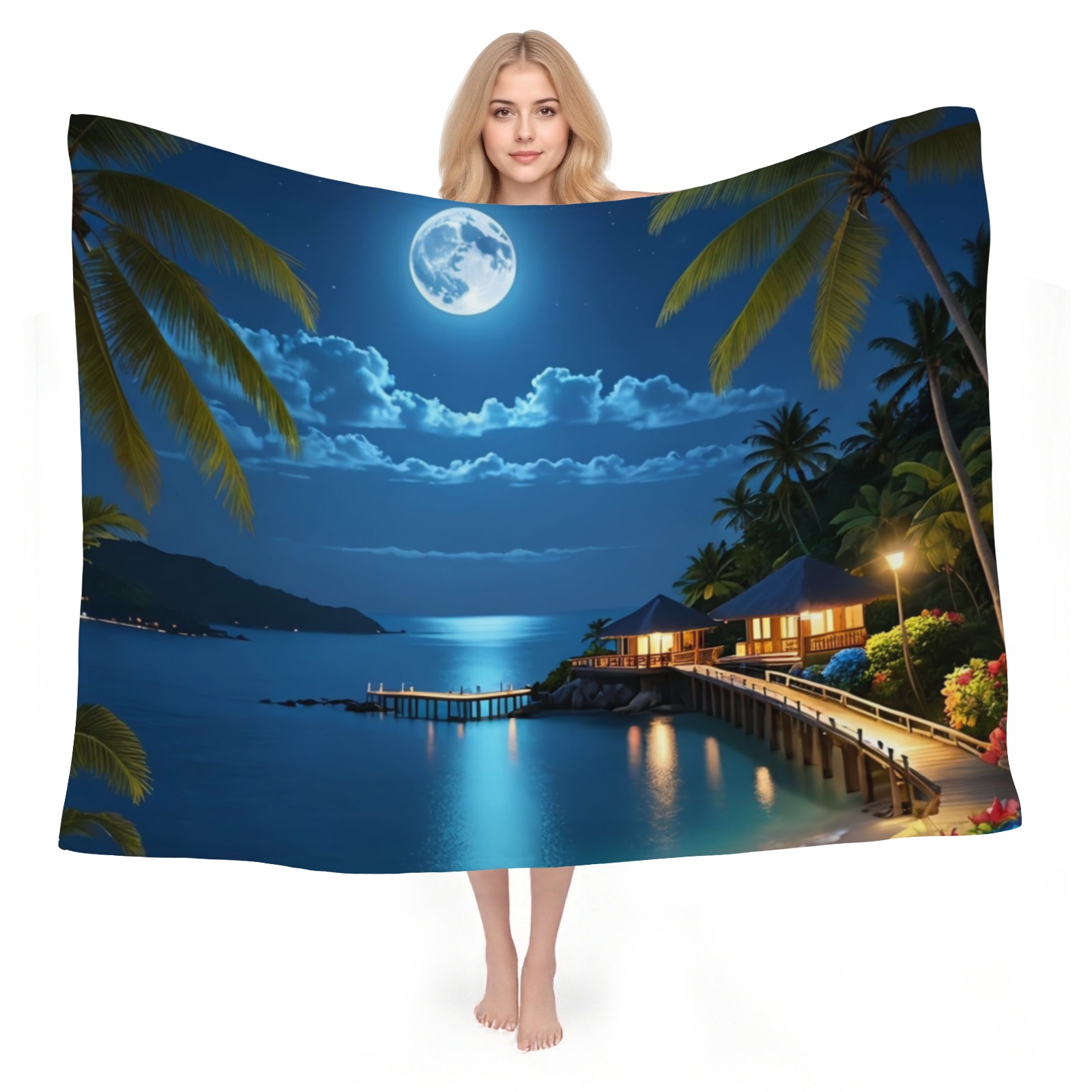 Tropical Moonlit Beach Throw Blanket, Soft Flannel with Stunning Night Sky Scene, Lightweight & Warm for Adults and Kids-Pixelunique