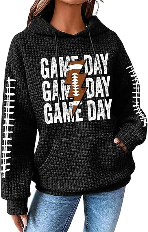 NEWWEN Game Day Sweatshirt Women Football Graphic Shirt Football Mom Waffle Knit Hoodie Game Day Long Sleeve Pullover Tops