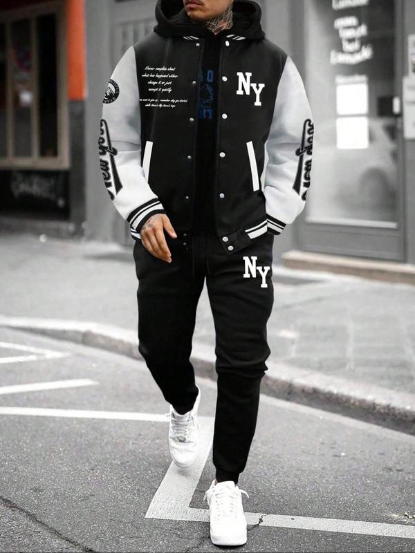 Men's Letter Print Slogan Baseball Jacket & Pants Two-piece Set, Loose Casual Long Sleeve Baseball Collar Outerwear & Trousers for Daily Wear, Men's Two-piece Outfits for Fall & Winter