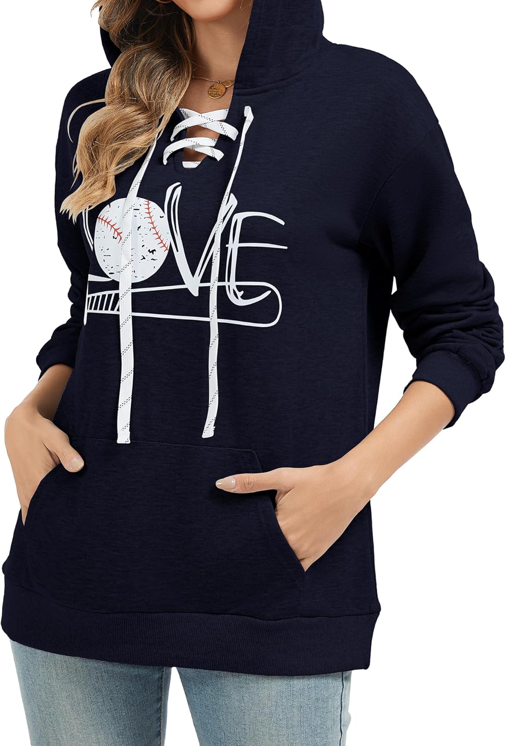 Women's V Neck Long Sleeve Baseball Hoodie Sweatshirt Pullover Loose Mom Shirt